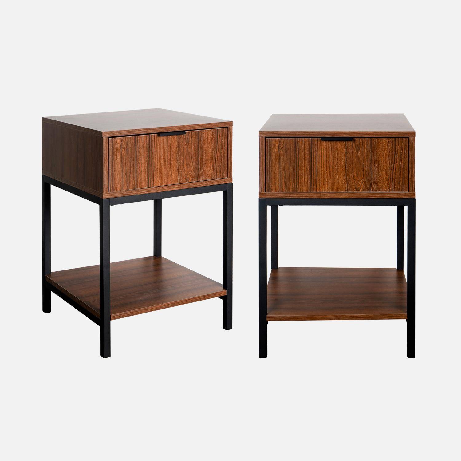 Set of two walnut bedside tables with black metal legs and handle - 1 drawer and 1 shelf,sweeek,Photo3