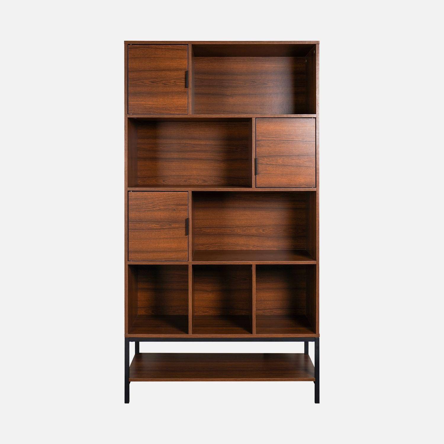Regal im Vintage-Stil mit Nussbaumholzdekor und schwarzem Metall mit 9 Fächern (3 Türen und 5 Regale) - Walnut Photo4