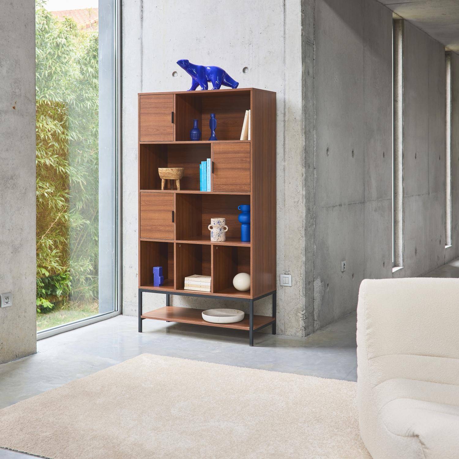 Regal im Vintage-Stil mit Nussbaumholzdekor und schwarzem Metall mit 9 Fächern (3 Türen und 5 Regale) - Walnut Photo2