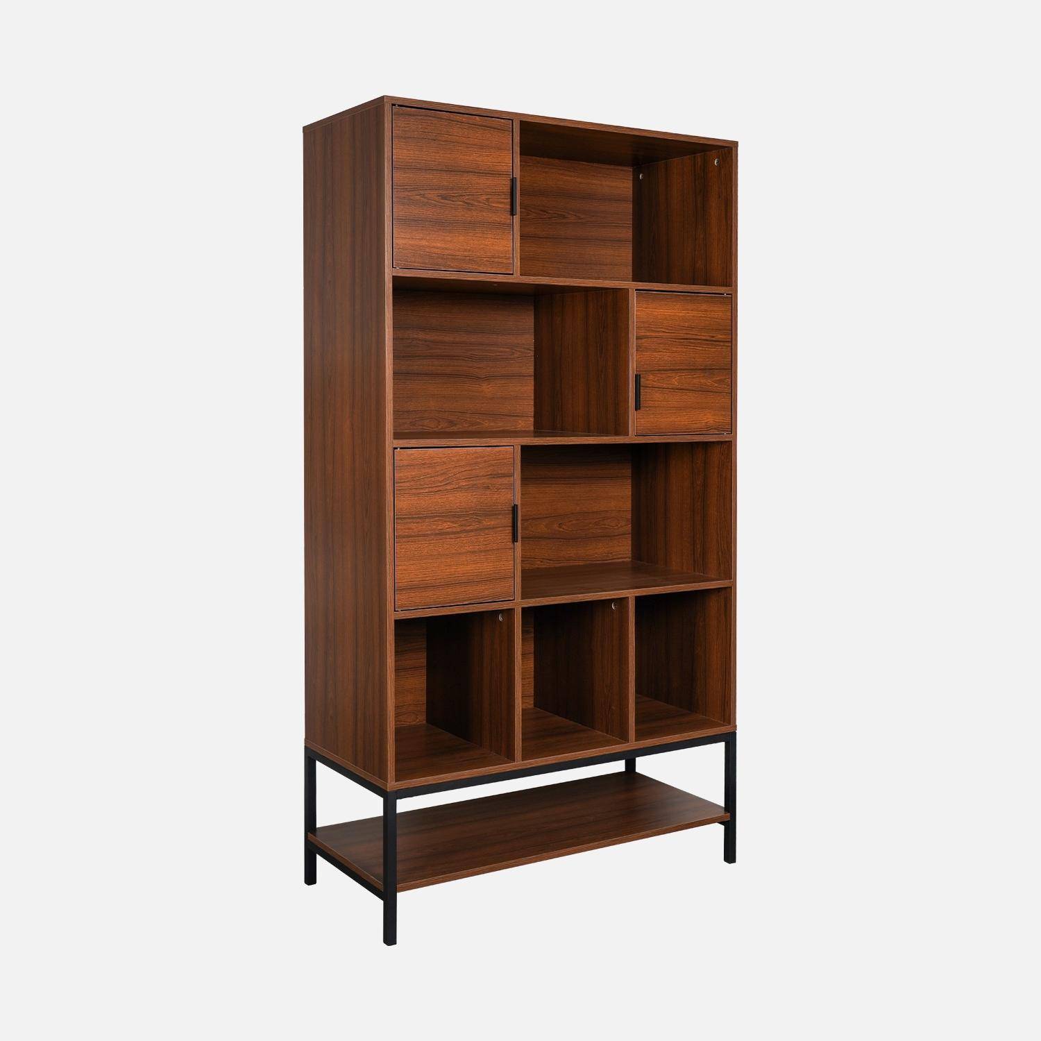 Regal im Vintage-Stil mit Nussbaumholzdekor und schwarzem Metall mit 9 Fächern (3 Türen und 5 Regale) - Walnut Photo3