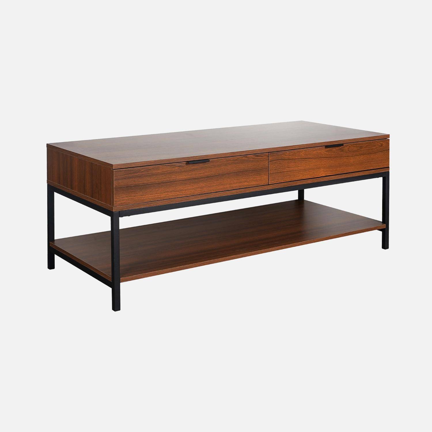Walnootkleurige houten salontafel met zwart metalen poten en handvat - 2 laden en 1 plank Photo4