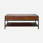 Walnootkleurige houten salontafel met zwart metalen poten en handvat - 2 laden en 1 plank Photo2