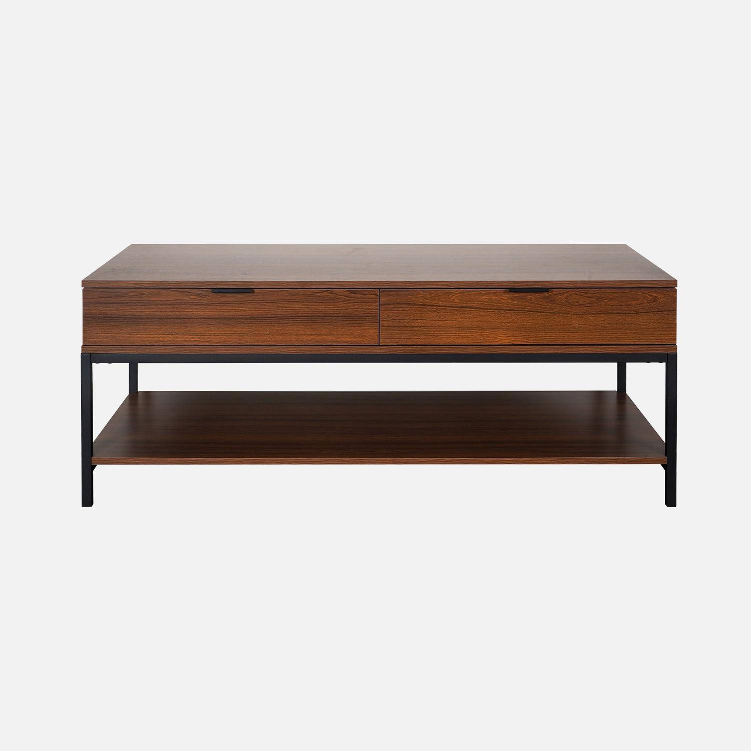 Walnootkleurige houten salontafel met zwart metalen poten en handvat - 2 laden en 1 plank Photo5