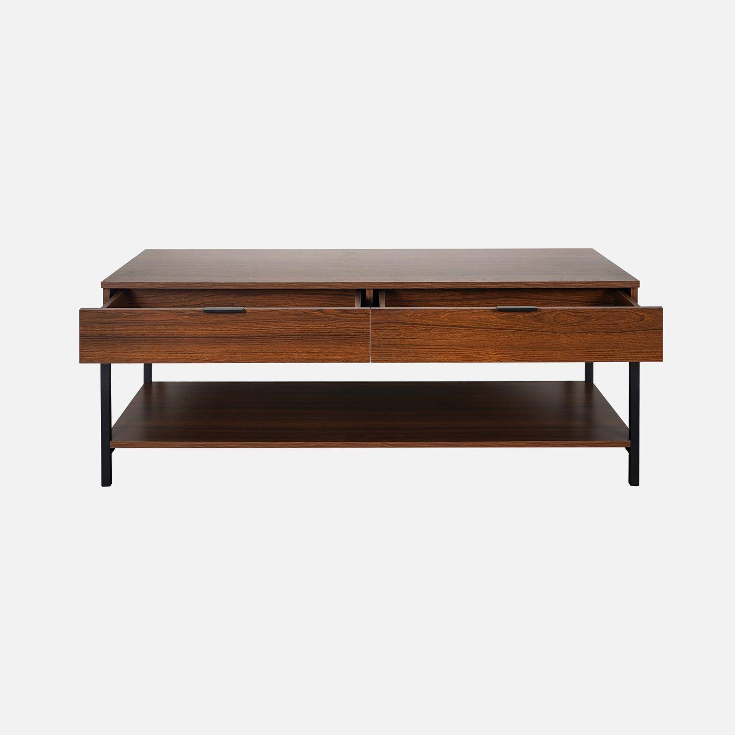 Walnut-coloured coffee table with black metal legs and handle - 2 drawers and 1 shelf,sweeek,Photo6