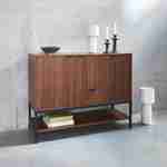 Laag dressoir in walnootkleurig hout met zwarte metalen poten en handgrepen - 3 deuren, 1 lade en 3 legplanken Photo1