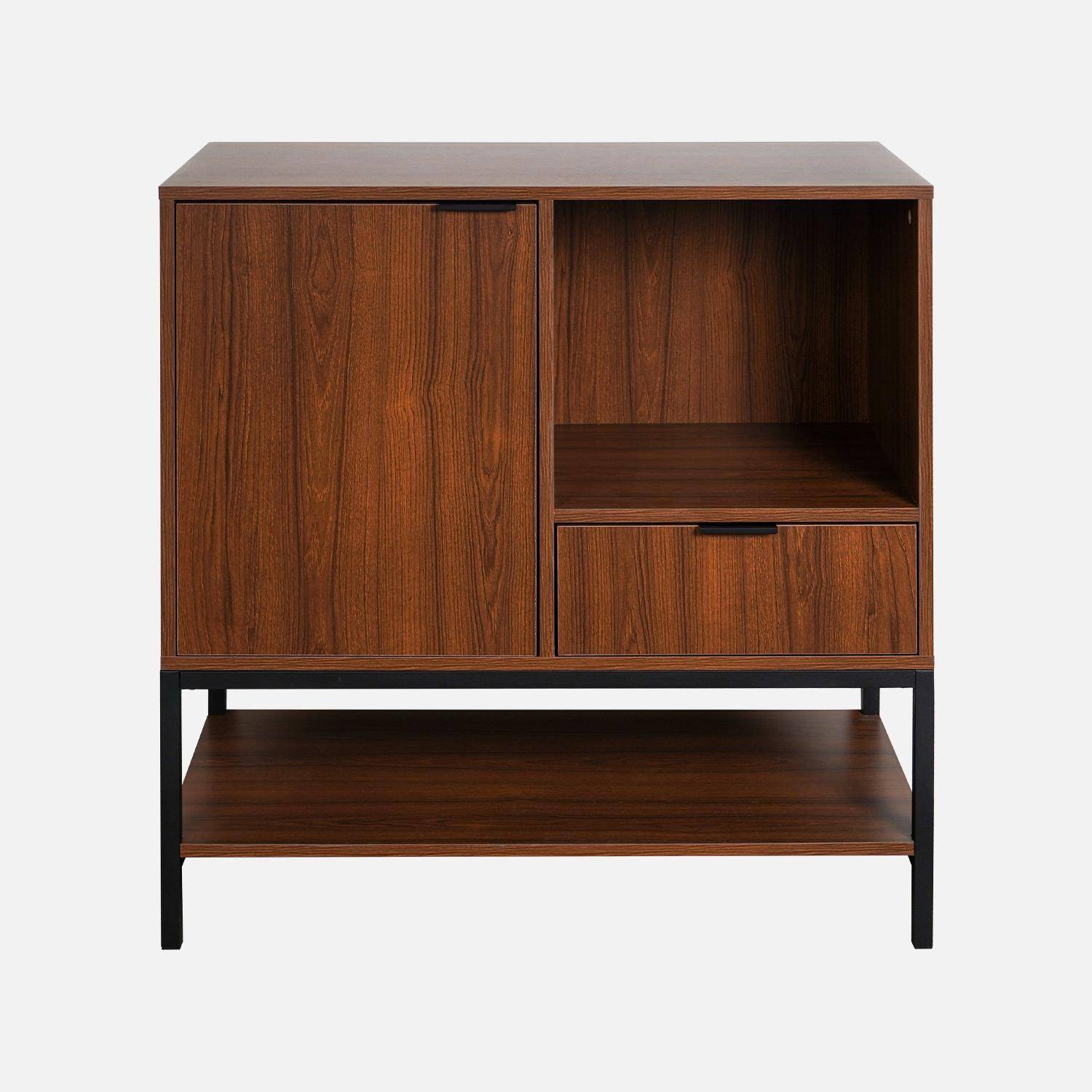 Low sideboard in walnut with black metal legs and handles - 1 door, 1 drawer and 2 shelves Photo4