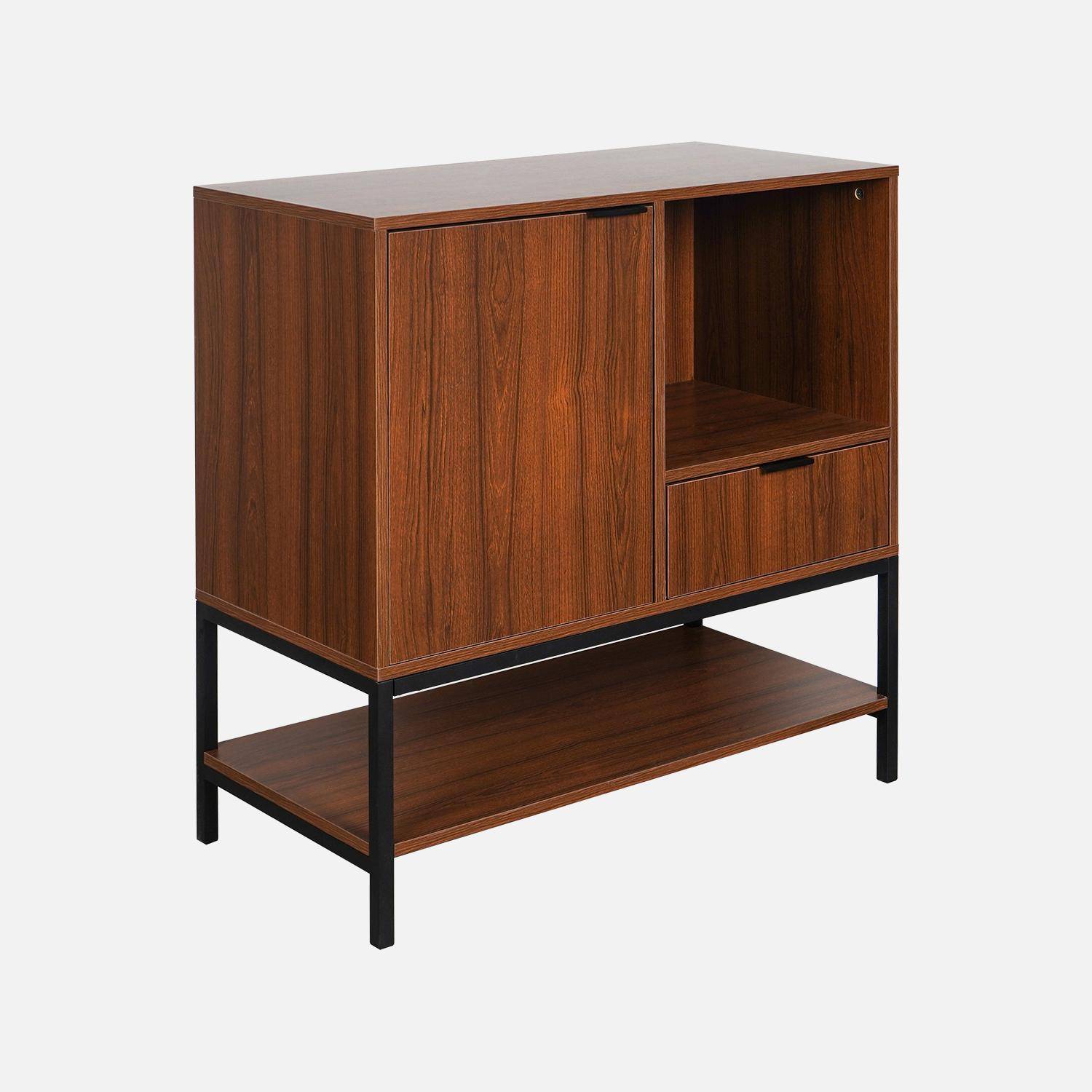 Low sideboard in walnut with black metal legs and handles - 1 door, 1 drawer and 2 shelves Photo3