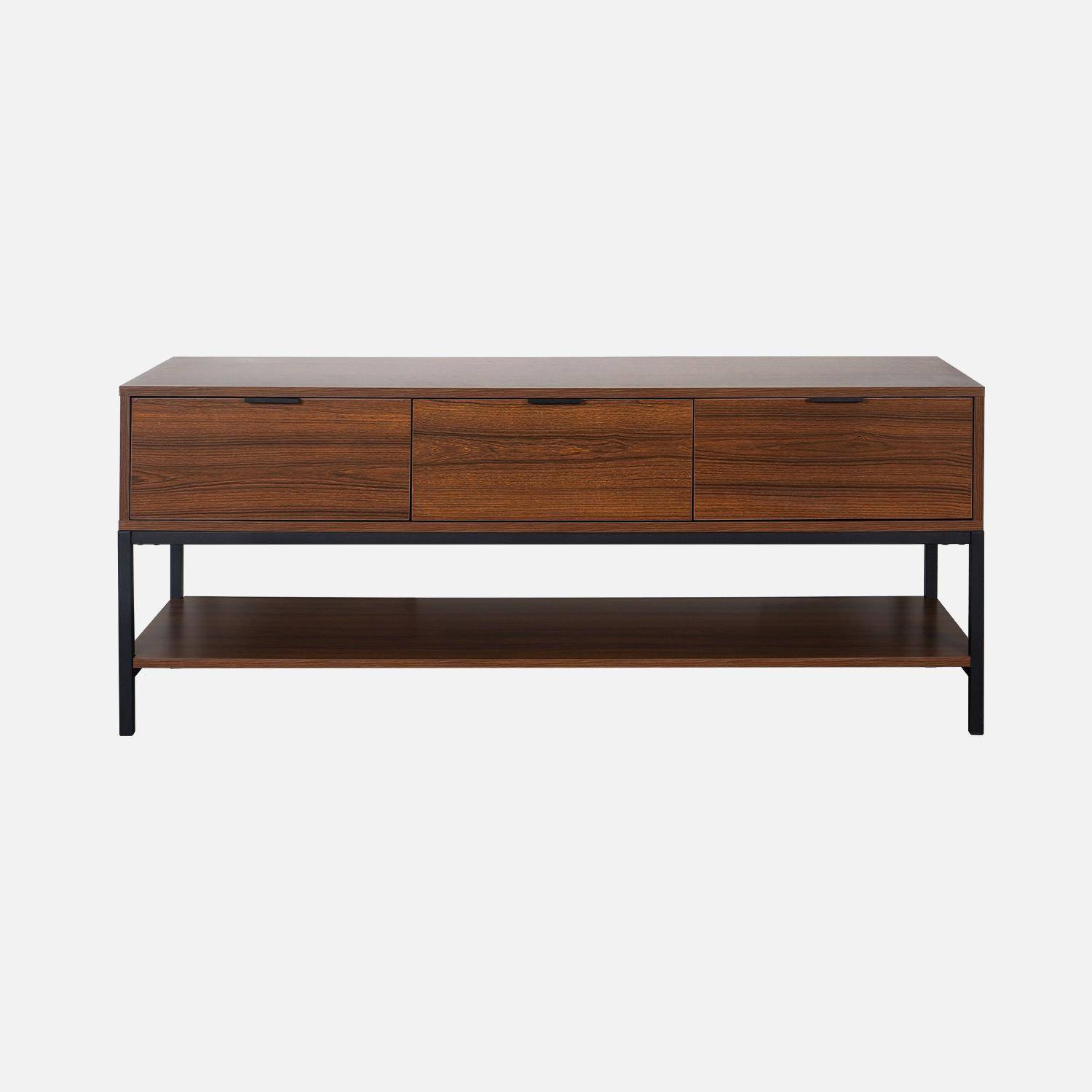 TV-meubel in walnootkleurig hout met zwart metalen onderstel en handgrepen - 3 laden en 1 onderste plank,sweeek,Photo4