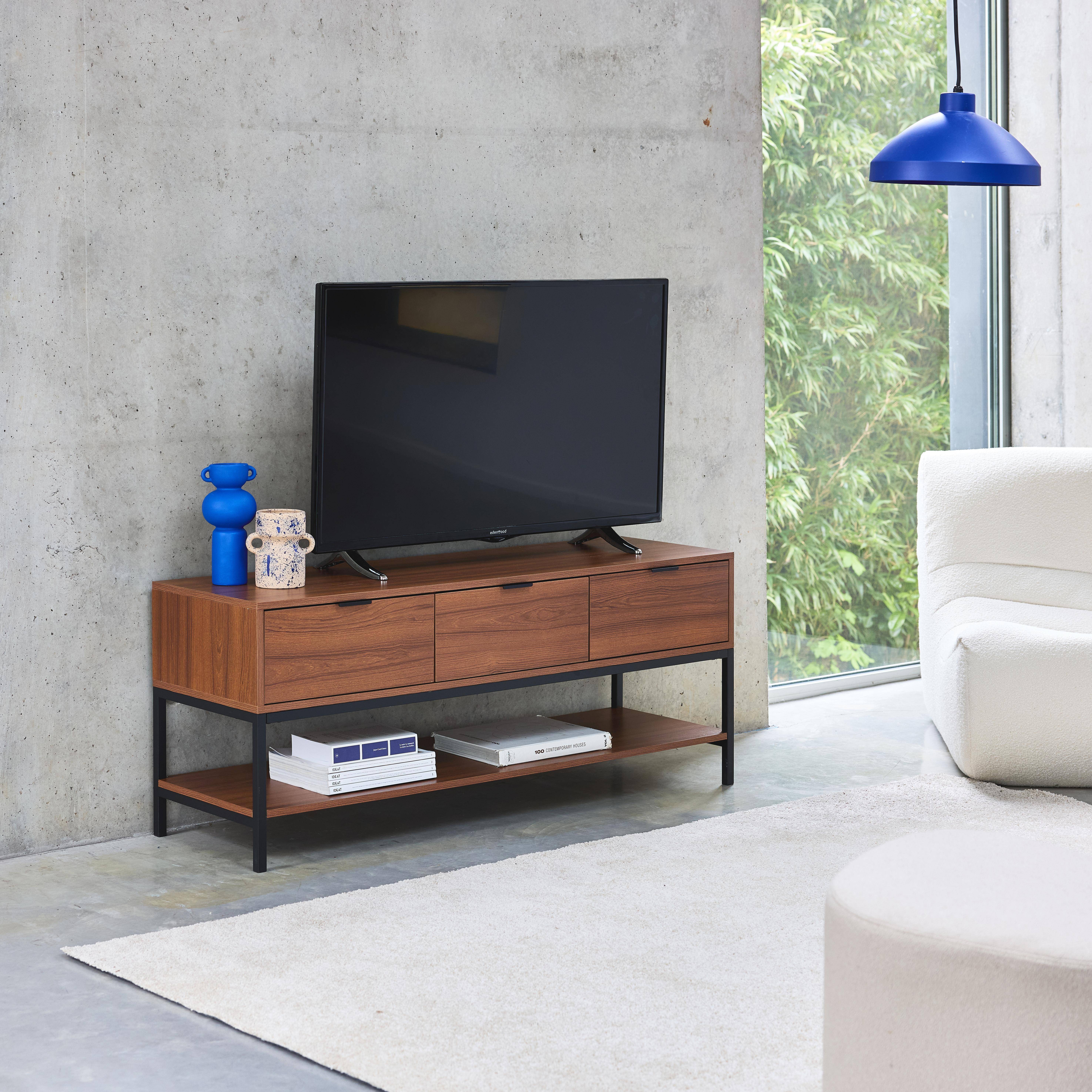 TV-meubel in walnootkleurig hout met zwart metalen onderstel en handgrepen - 3 laden en 1 onderste plank,sweeek,Photo2