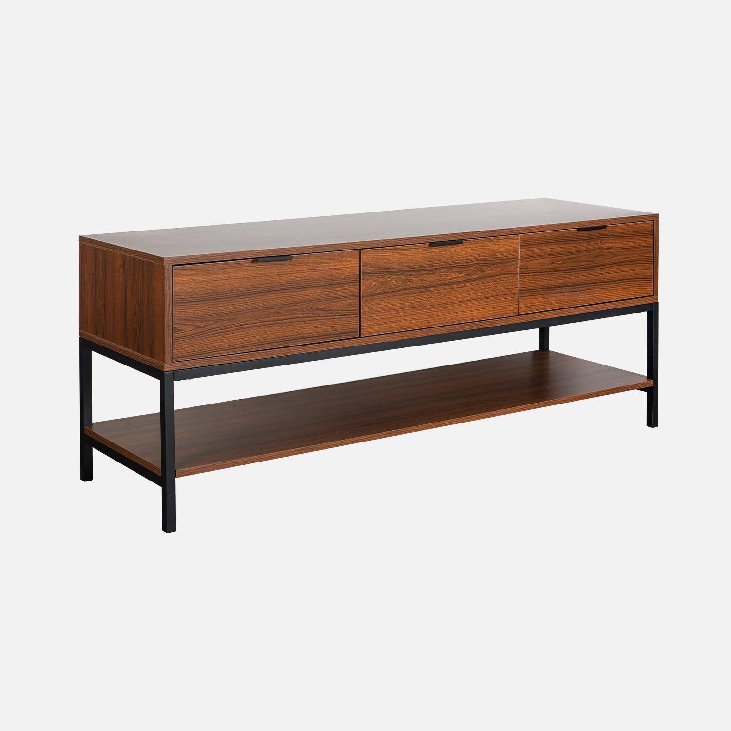 TV unit in walnut with black metal base and handles - 3 drawers and 1 lower shelf,sweeek,Photo3