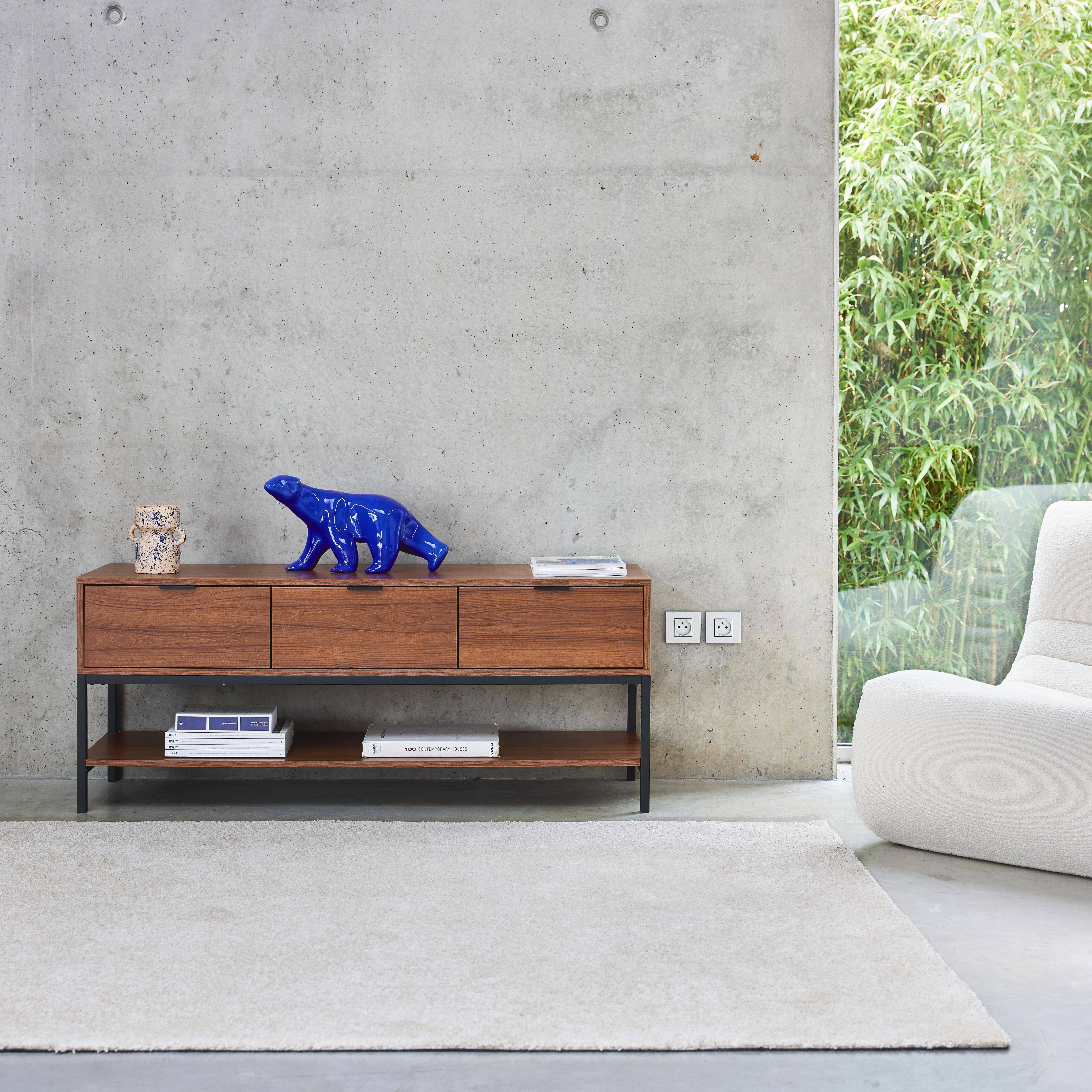 TV-meubel in walnootkleurig hout met zwart metalen onderstel en handgrepen - 3 laden en 1 onderste plank,sweeek,Photo1