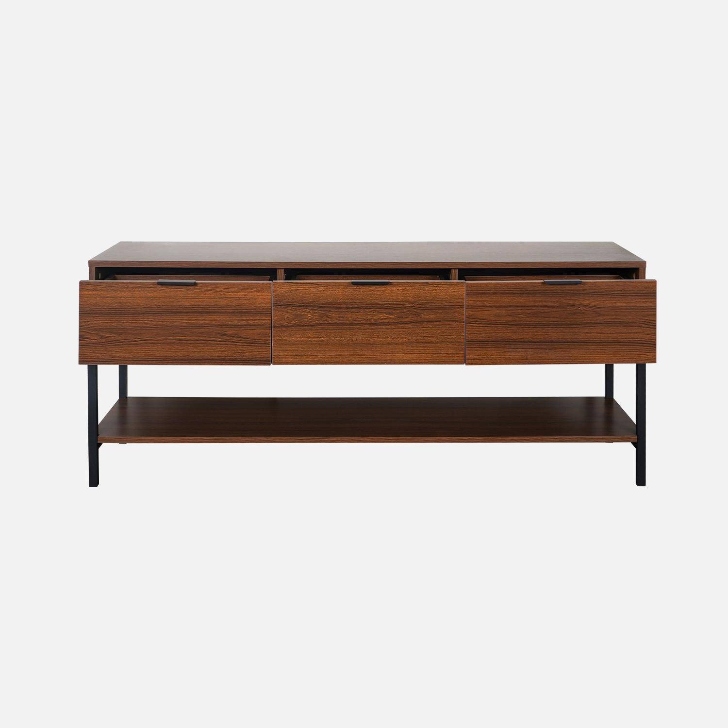TV-meubel in walnootkleurig hout met zwart metalen onderstel en handgrepen - 3 laden en 1 onderste plank,sweeek,Photo5