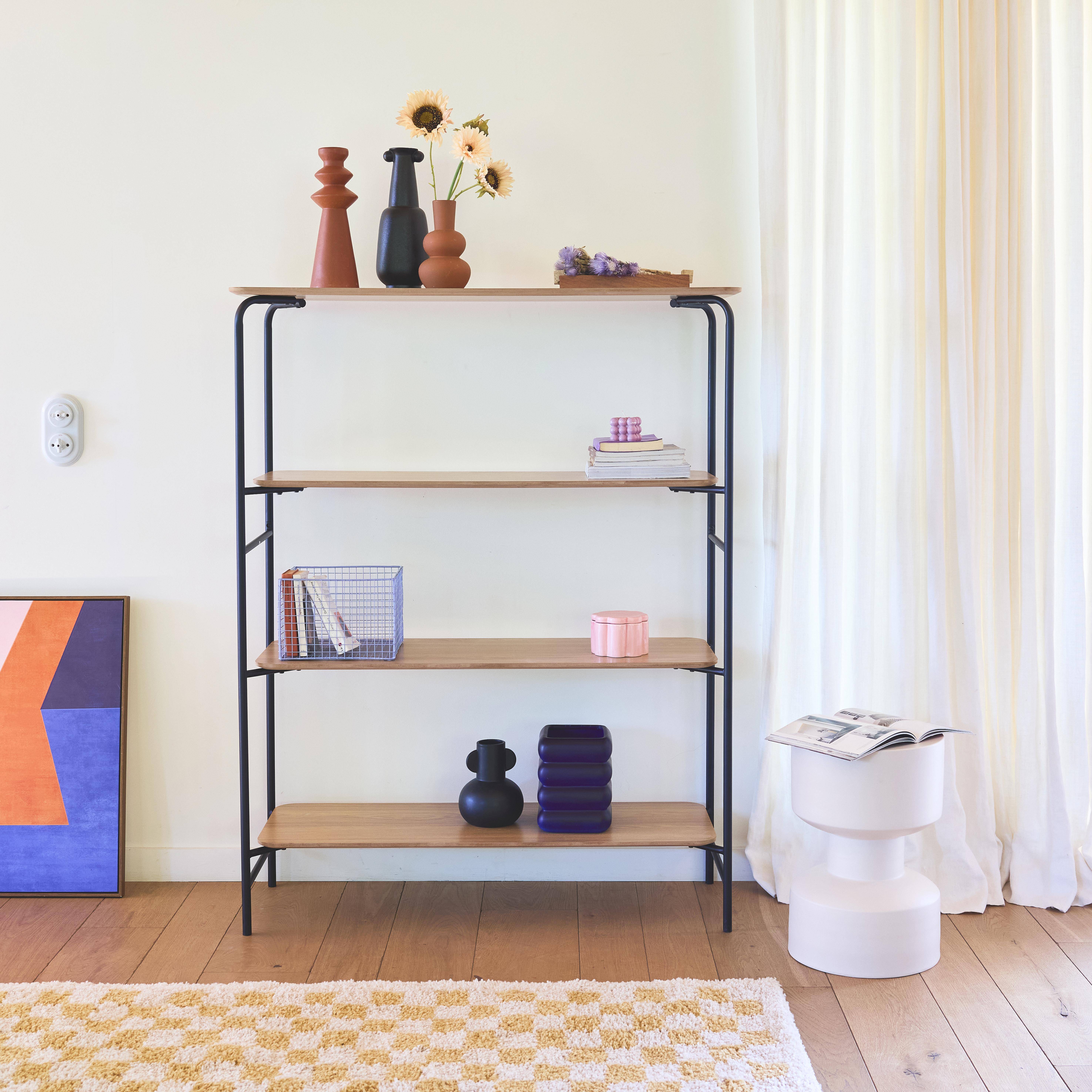 Bibliothèque en décor bois avec structure et pieds en métal noir 4 étagères Photo1