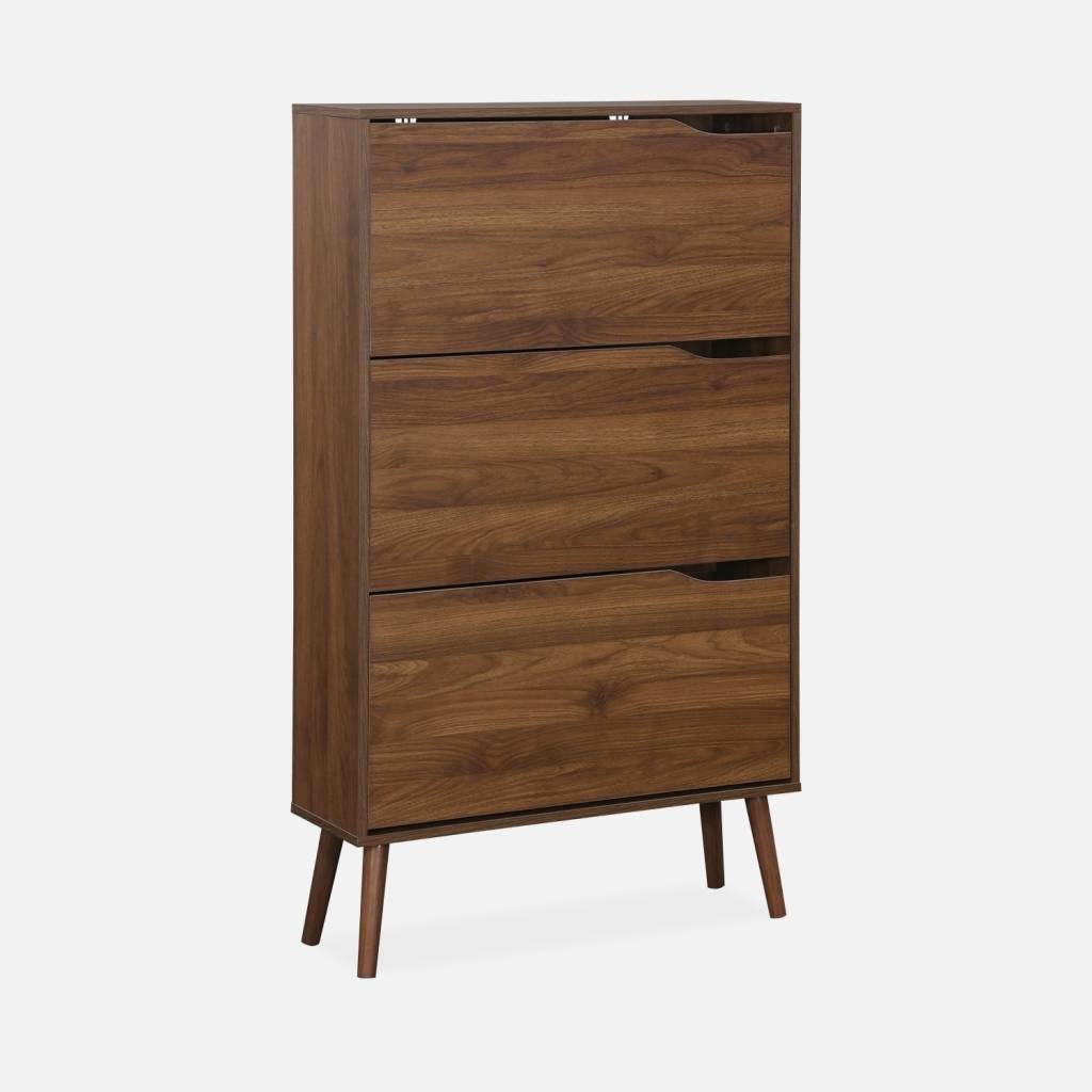 Scarpiera con decoro in legno, 3 ante, Noce