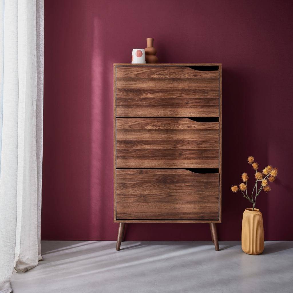 Schoenenkast met houtdecor 3 kleplades 18 schoenen walnoot L 75 x B 26 x H 131cm - Nepal,sweeek,Photo1