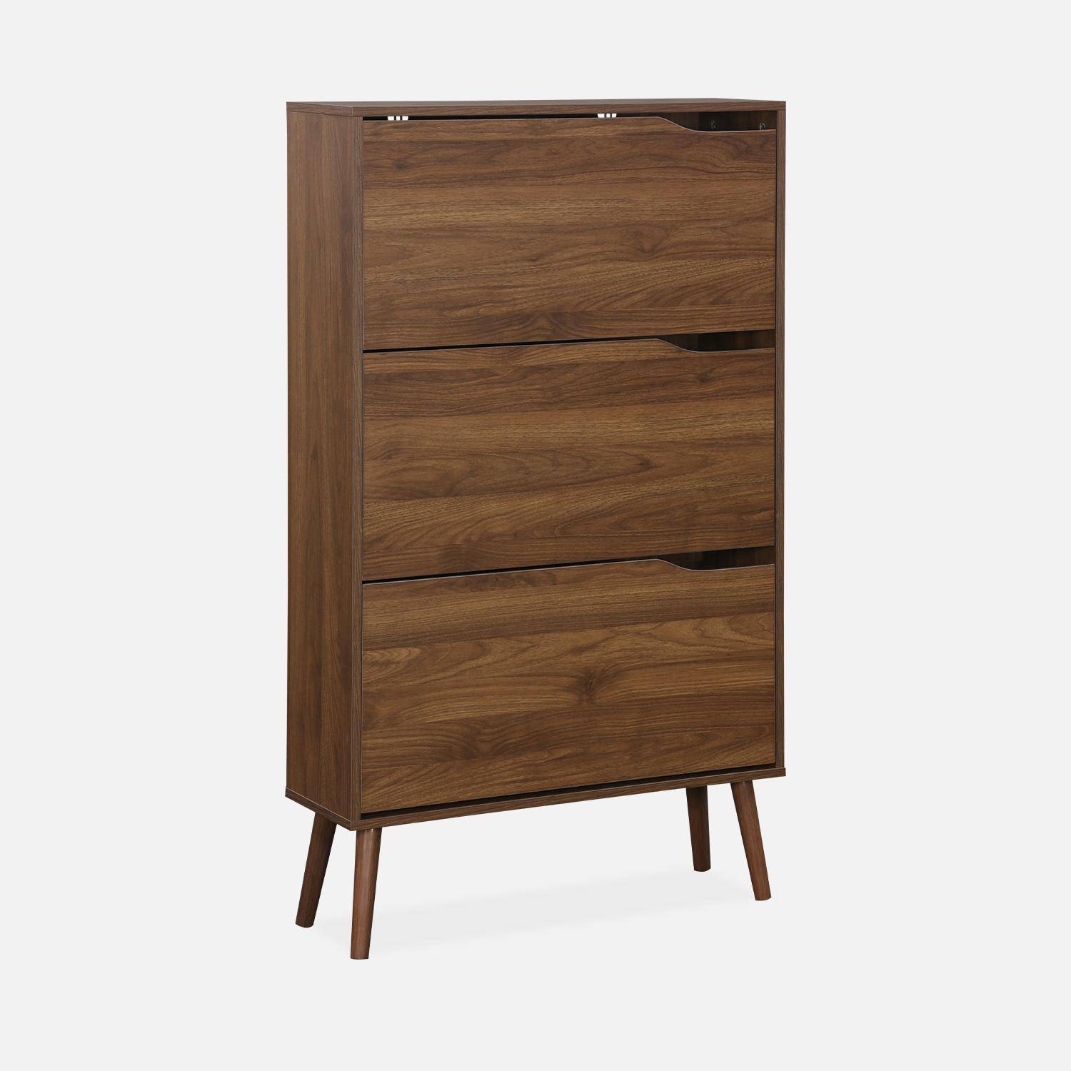 Scandinavian walnut shoe cabinet with 3 flap doors for 18 pairs of shoes Photo5