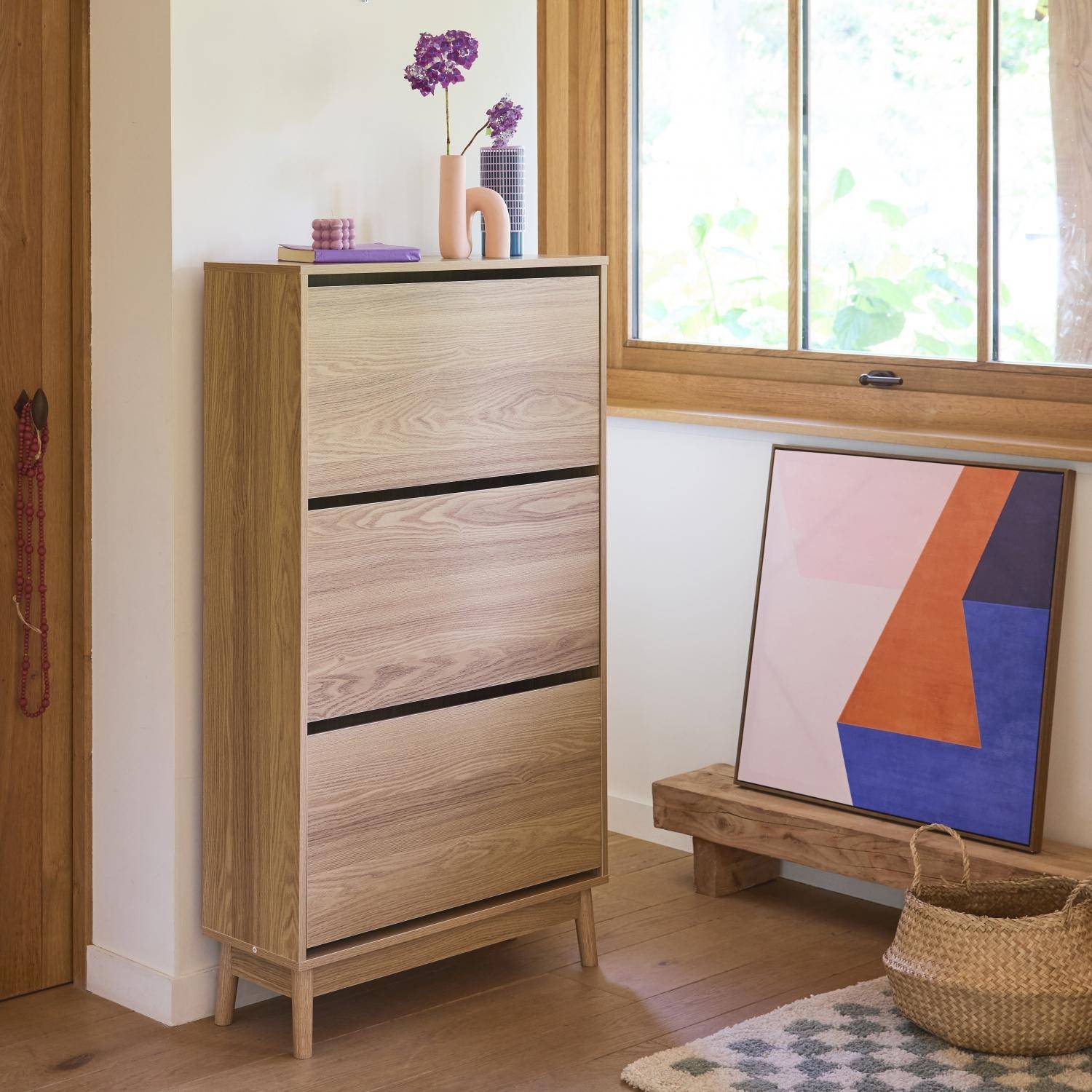 Meuble à chaussures scandinave décor bois 3 portes abattantes capacité 18 paires de chaussures Photo1