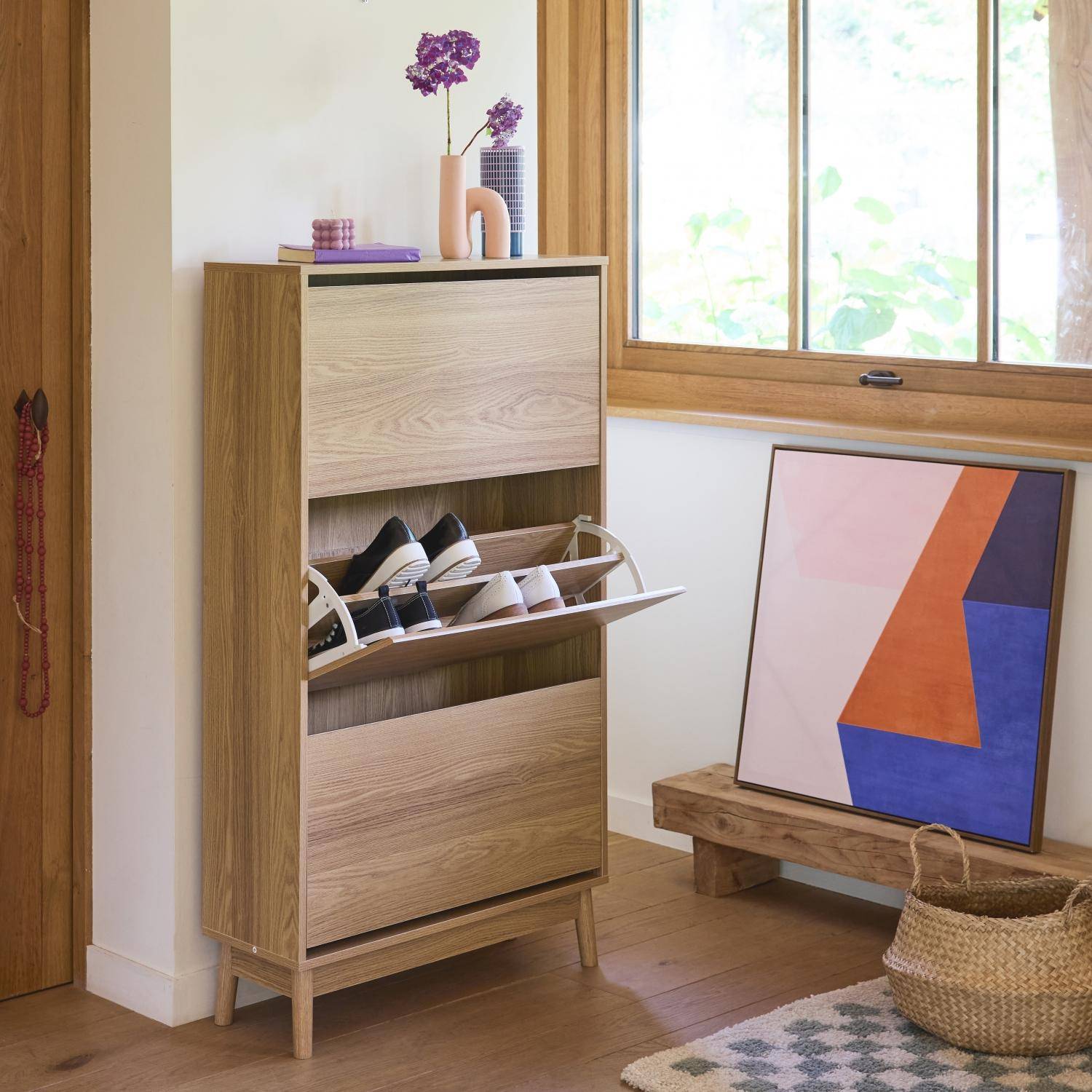 Meuble à chaussures scandinave décor bois 3 portes abattantes capacité 18 paires de chaussures Photo2
