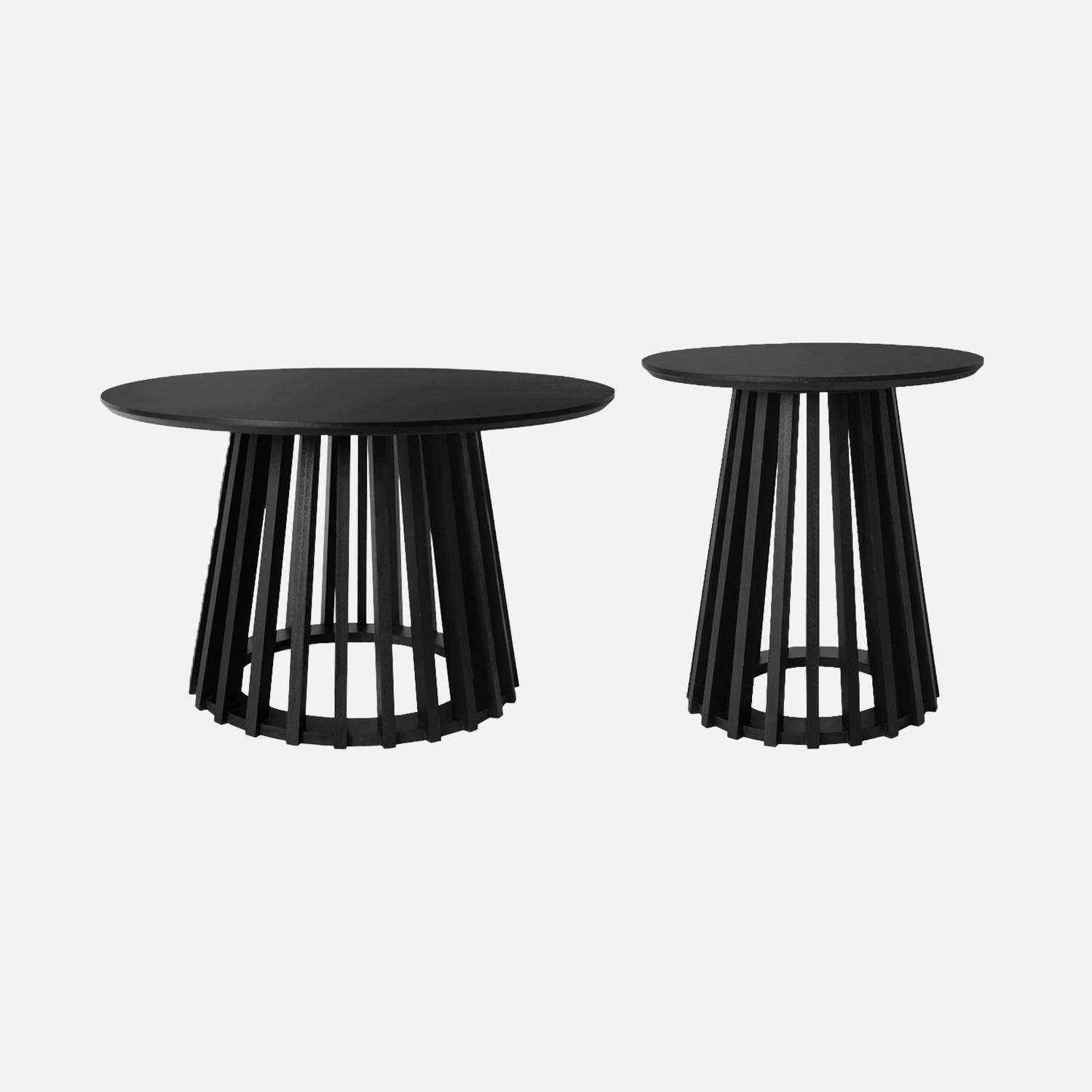 Set de 2 tables basses rondes plateau effet bois noir et pieds en bois de sapin, Ø40cm et Ø60cm Photo1
