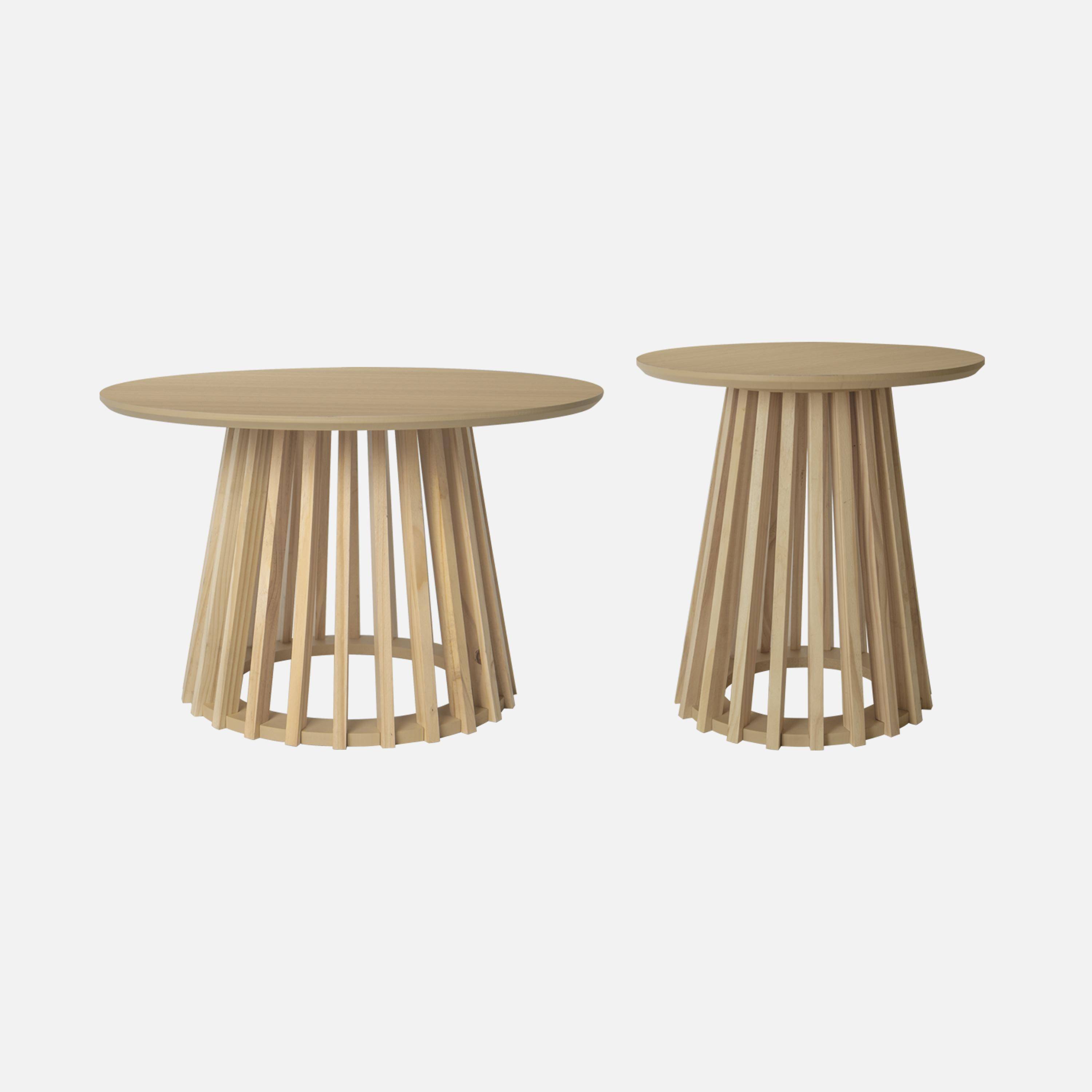 Set of 2 round coffee tables, oak-effect top and fir-wood legs, 40cm and 60cm,sweeek,Photo1