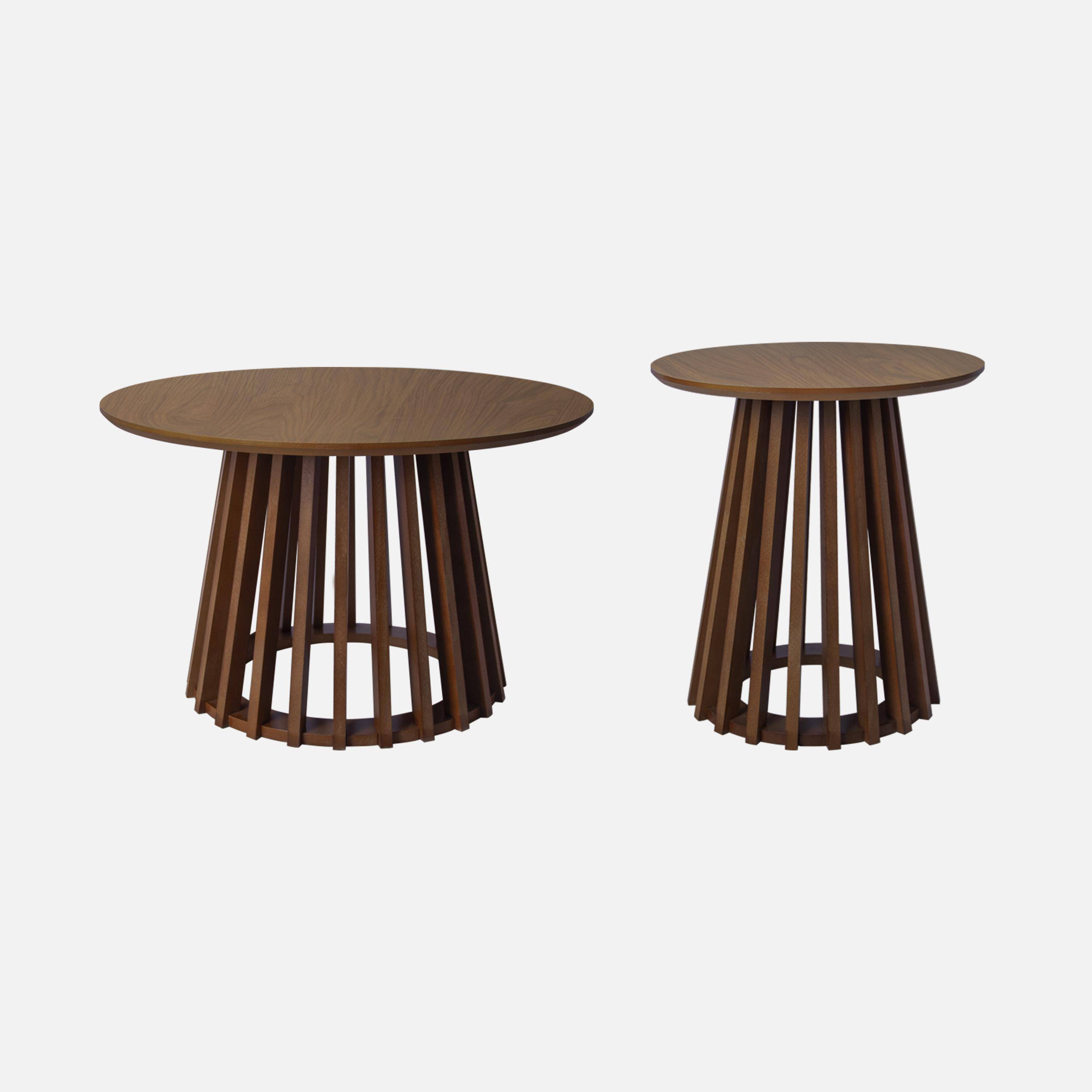 Set van 2 ronde salontafels, walnoothoutkleurig tafelblad en dennenhouten poten, Ø40cm en Ø60cm Photo1