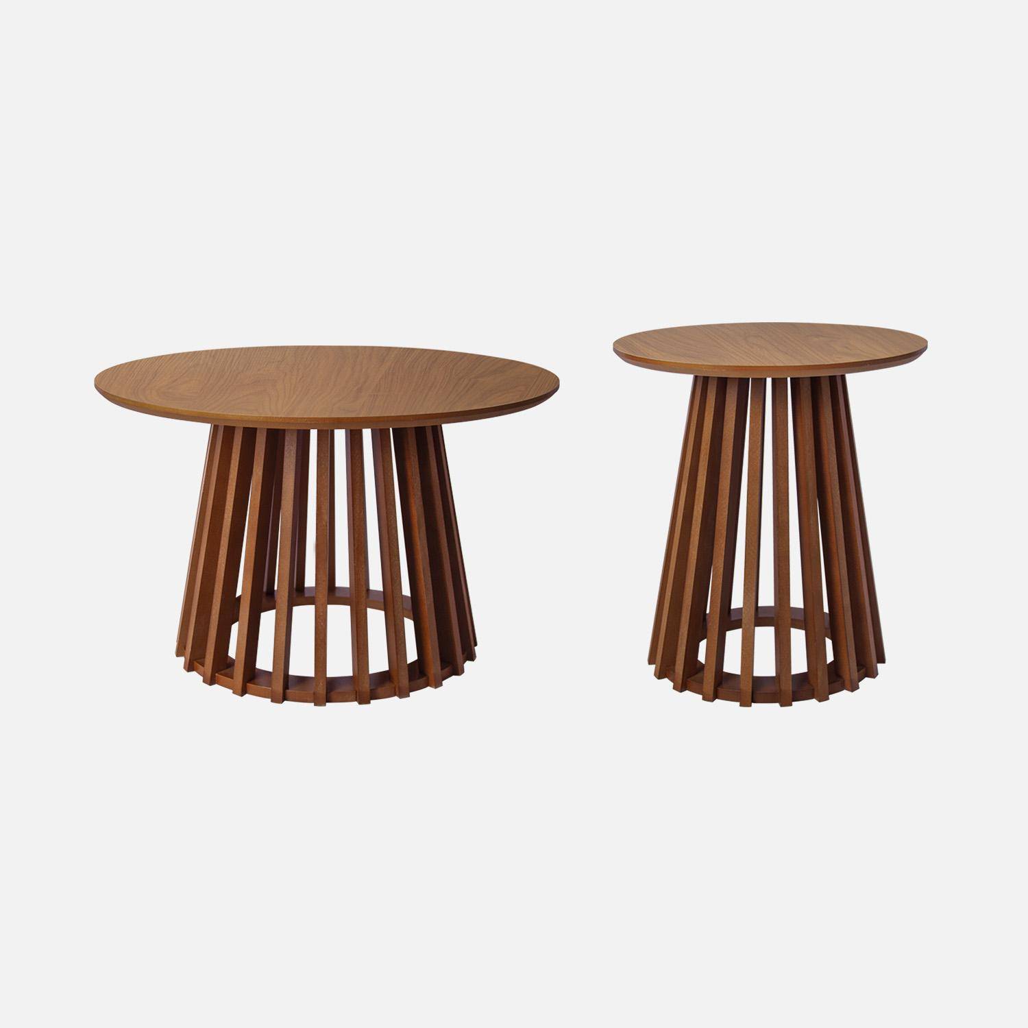 Set van 2 ronde salontafels, walnoothoutkleurig tafelblad en dennenhouten poten, Ø40cm en Ø60cm,sweeek,Photo3