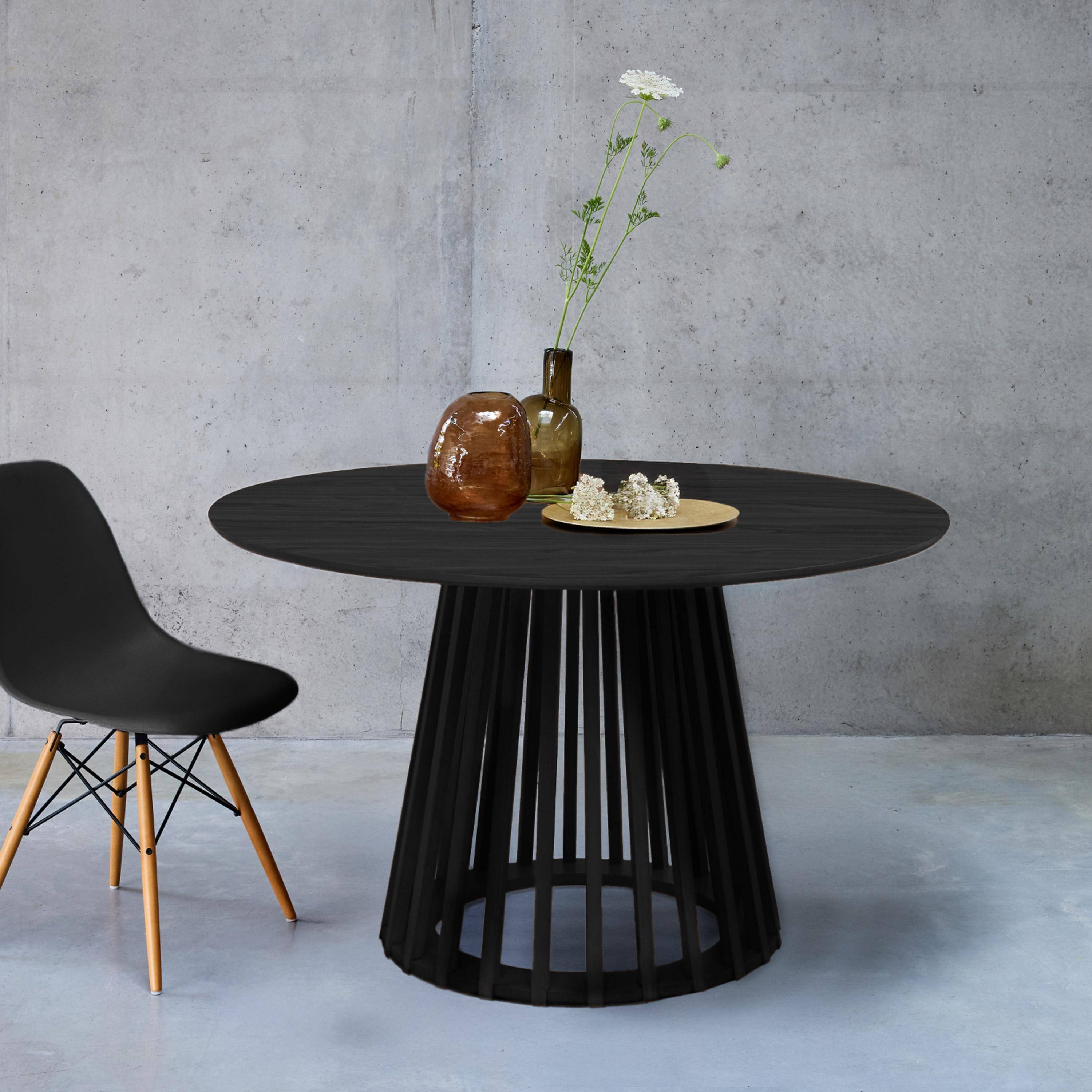 Table à manger effet bois noir, pieds bois de sapin 4 places Ø120cm Photo1