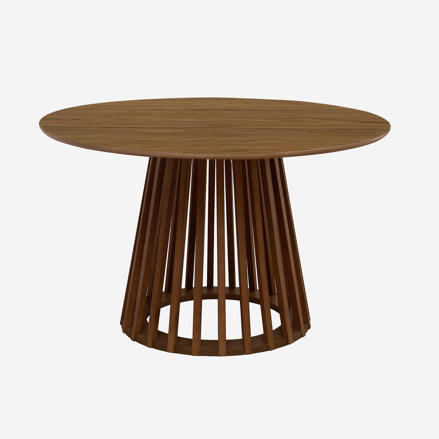 Eettafel met walnootkleurig houteffect, sparrenhouten poten, 4 zitplaatsen, Ø120cm Photo3