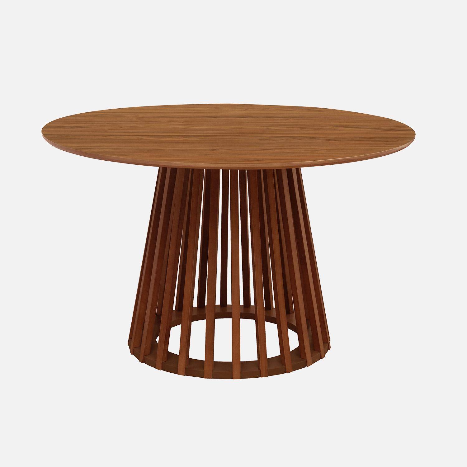 Table à manger effet bois noyer, pieds bois de sapin 4 places Ø120cm,sweeek,Photo3