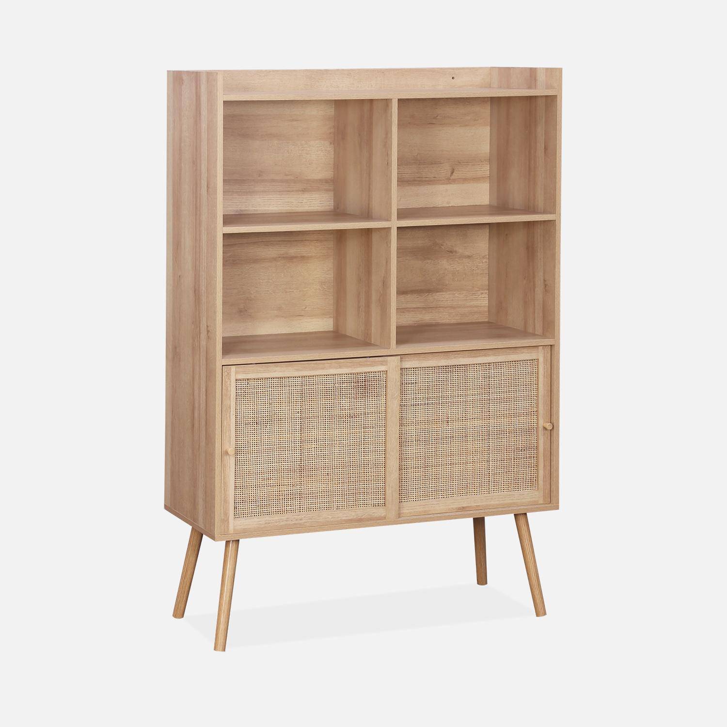 5-shelf bookcase, 2 sliding doors, wood and cane effect,sweeek,Photo1