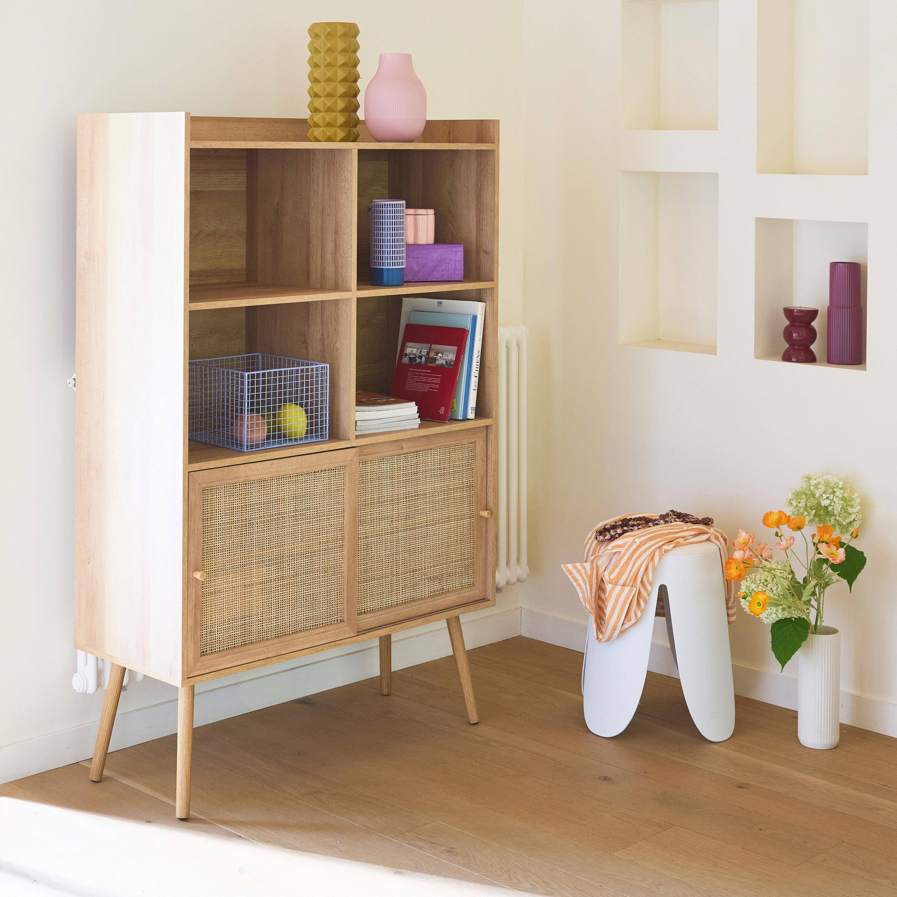 Etagère bibliothèque 5 étagères, 2 portes coulissantes, effet bois et cannage ,sweeek,Photo1