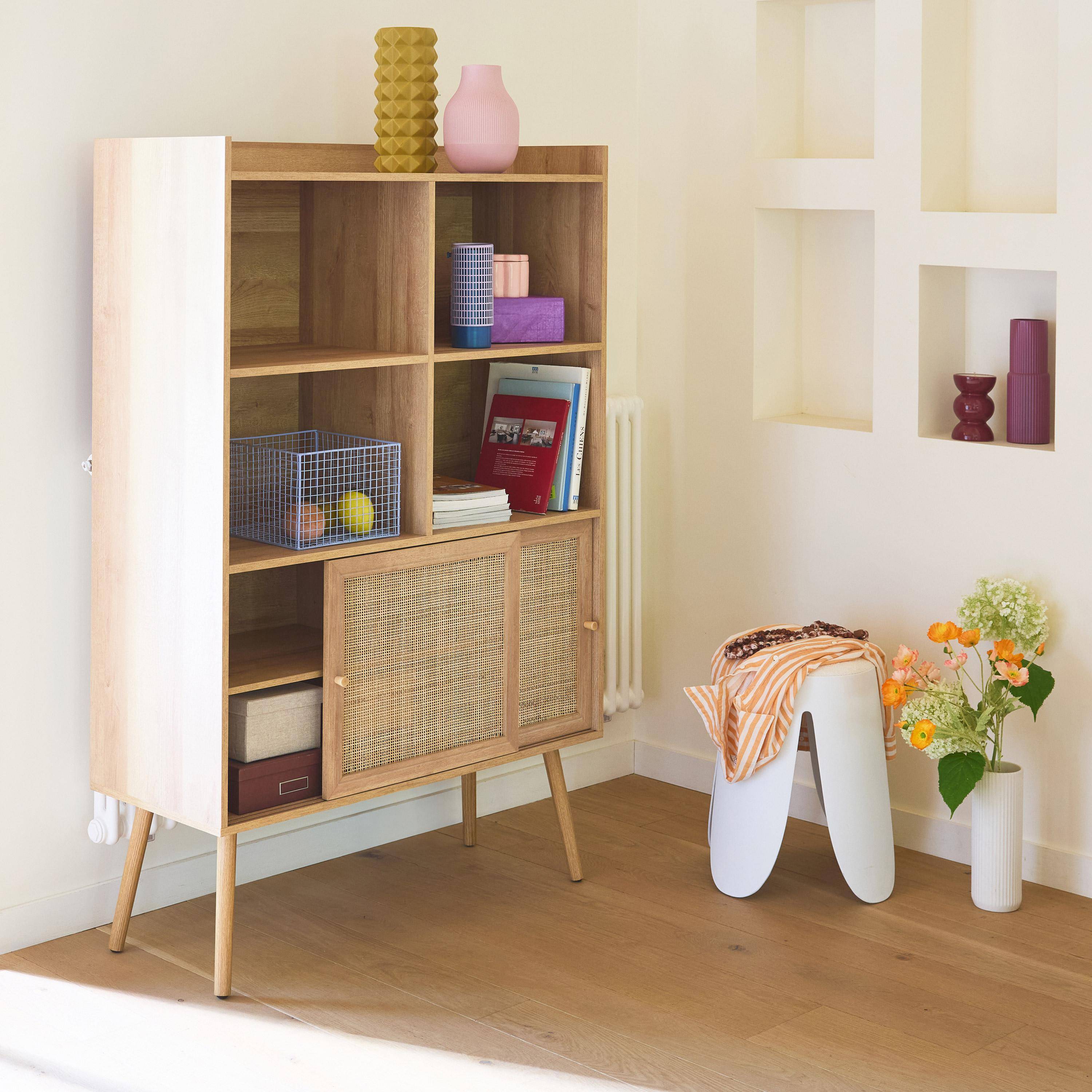 Etagère bibliothèque 5 étagères, 2 portes coulissantes, effet bois et cannage ,sweeek,Photo2