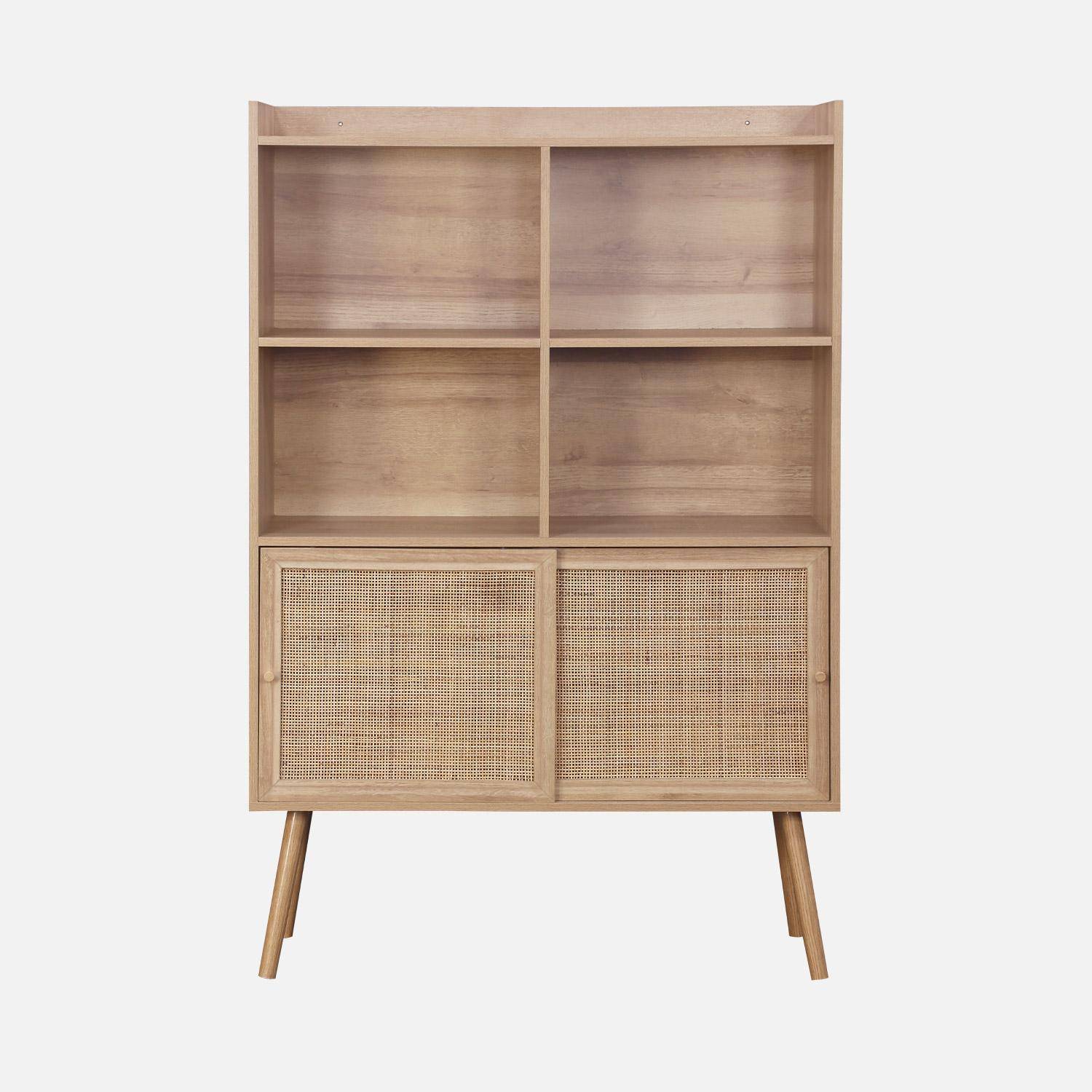 Etagère bibliothèque 5 étagères, 2 portes coulissantes, effet bois et cannage ,sweeek,Photo5