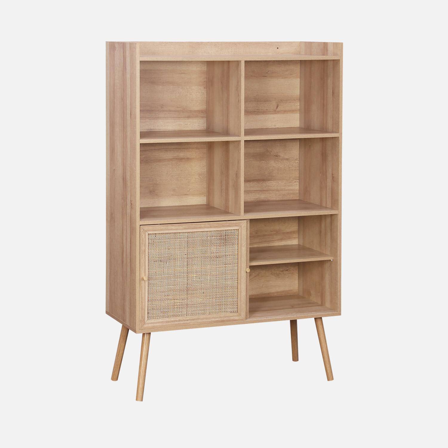 Etagère bibliothèque 5 étagères, 2 portes coulissantes, effet bois et cannage  Photo4