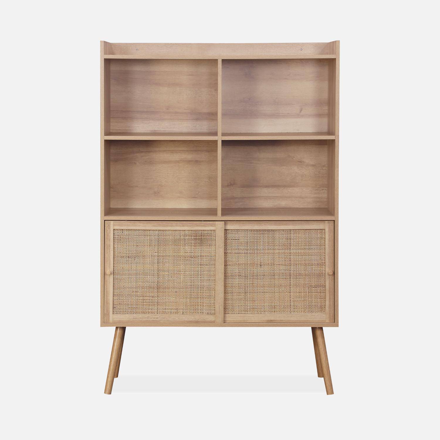 5-shelf bookcase, 2 sliding doors, wood and cane effect Photo2