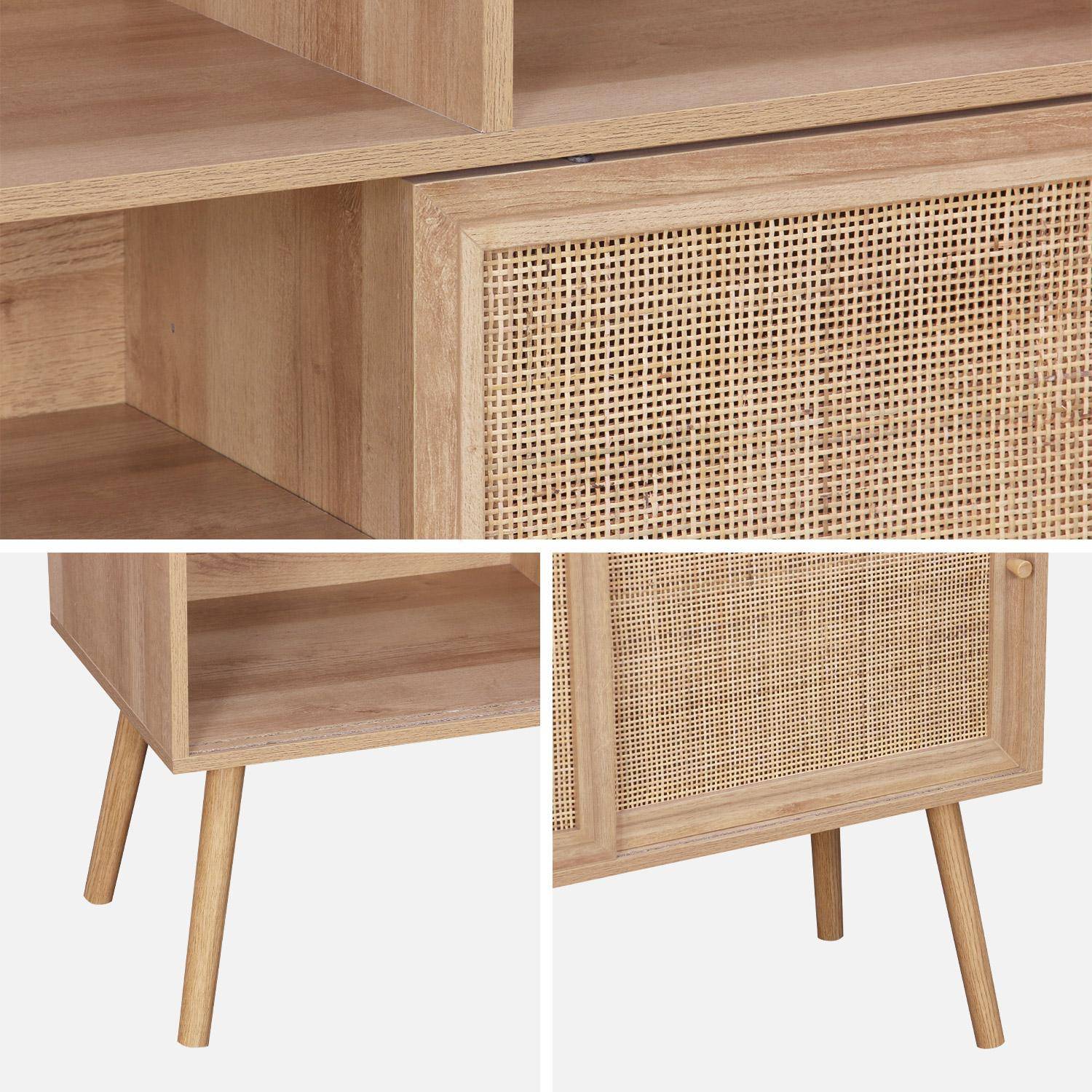 Etagère bibliothèque 5 étagères, 2 portes coulissantes, effet bois et cannage  Photo6