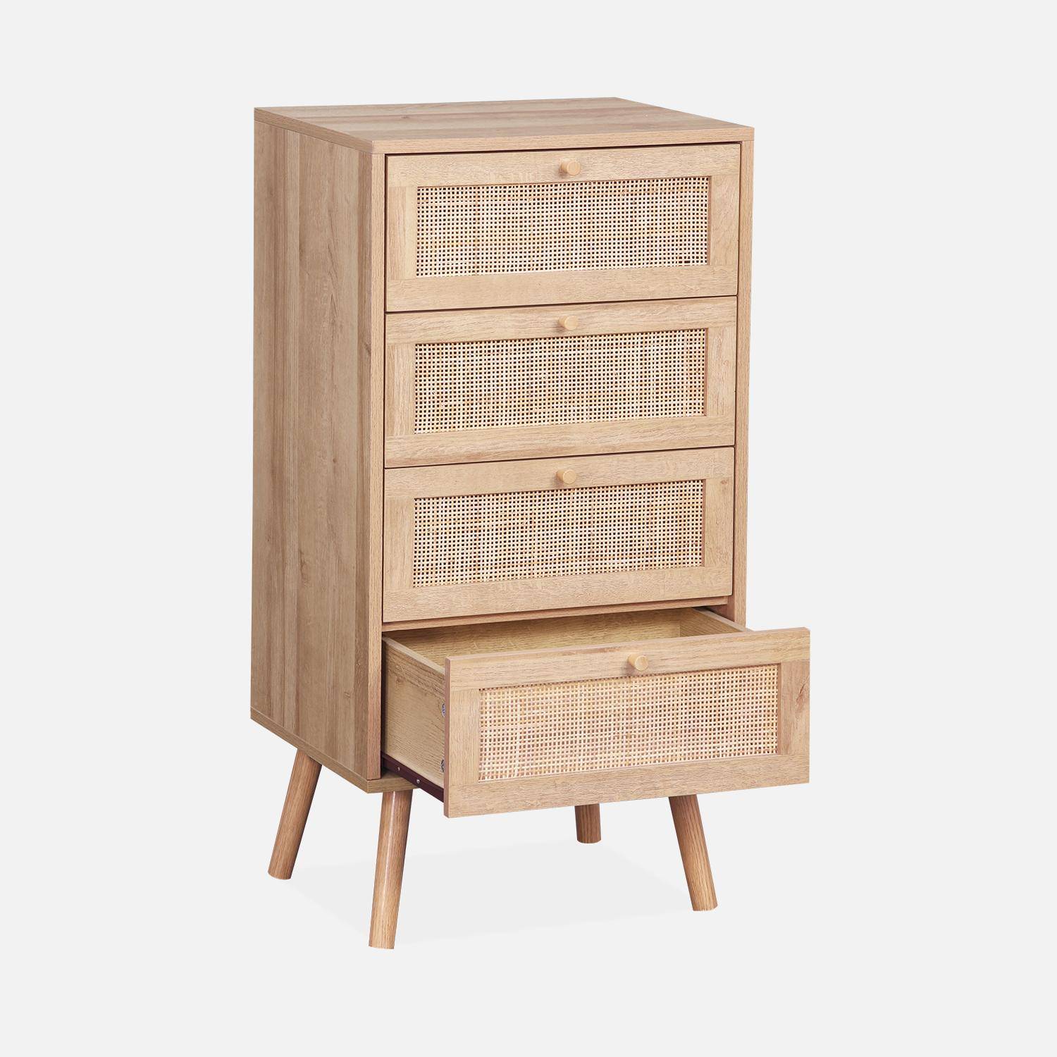 Commode chiffonnier 4 tiroirs effet bois et cannage  Photo4