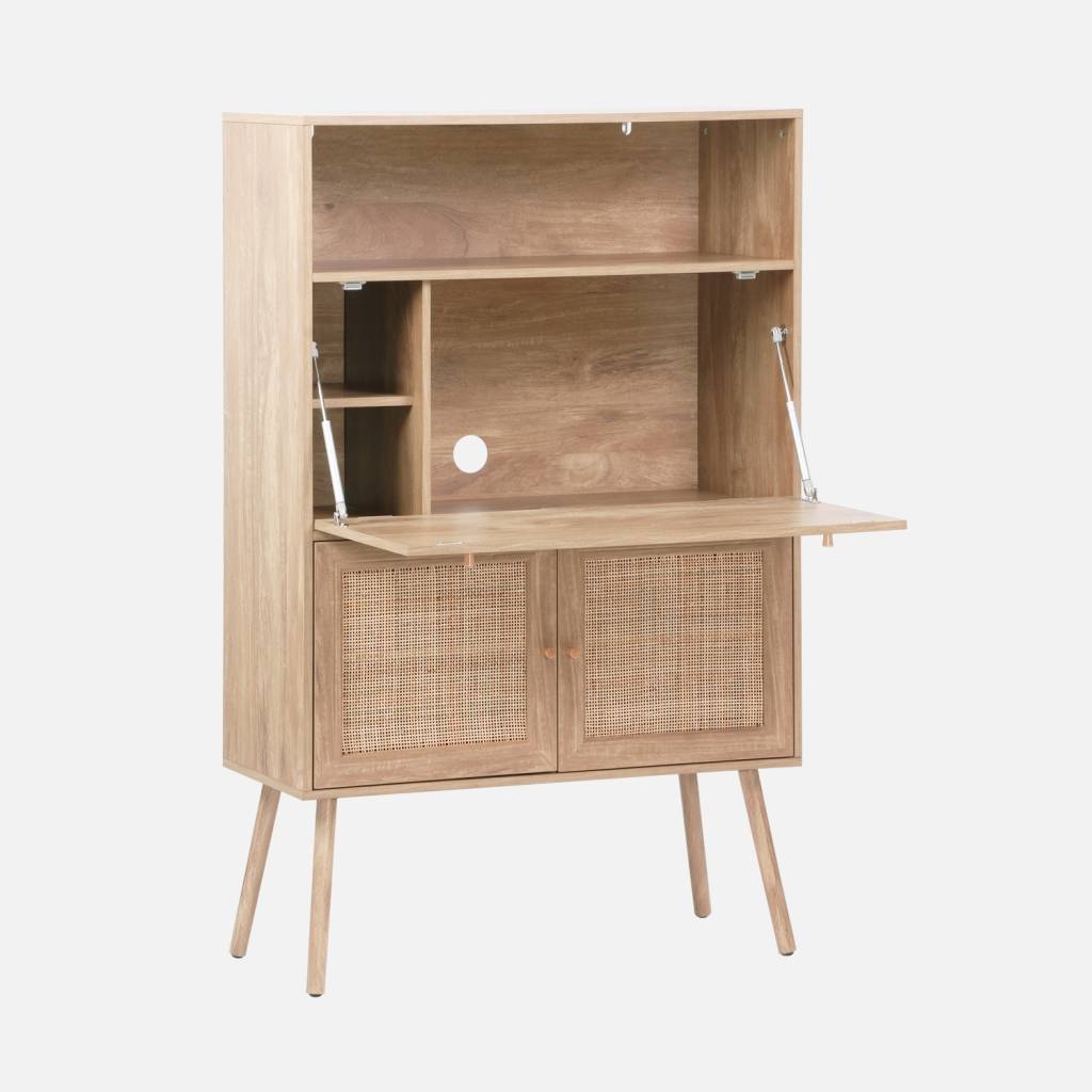 Escritorio de 2 puertas con estantes, efecto madera y caña, Natural