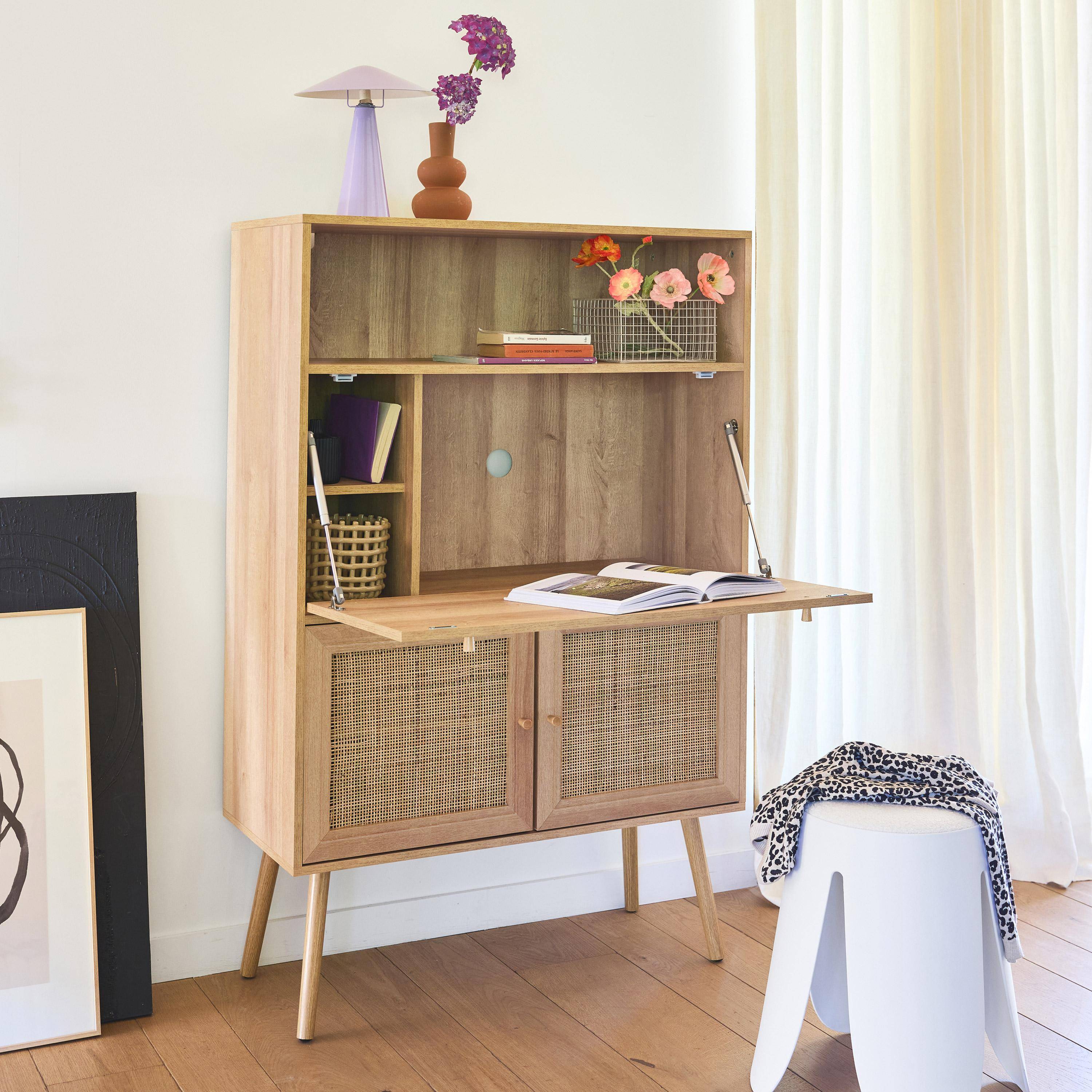 Bureau secrétaire décor bois et cannage 2 portes
