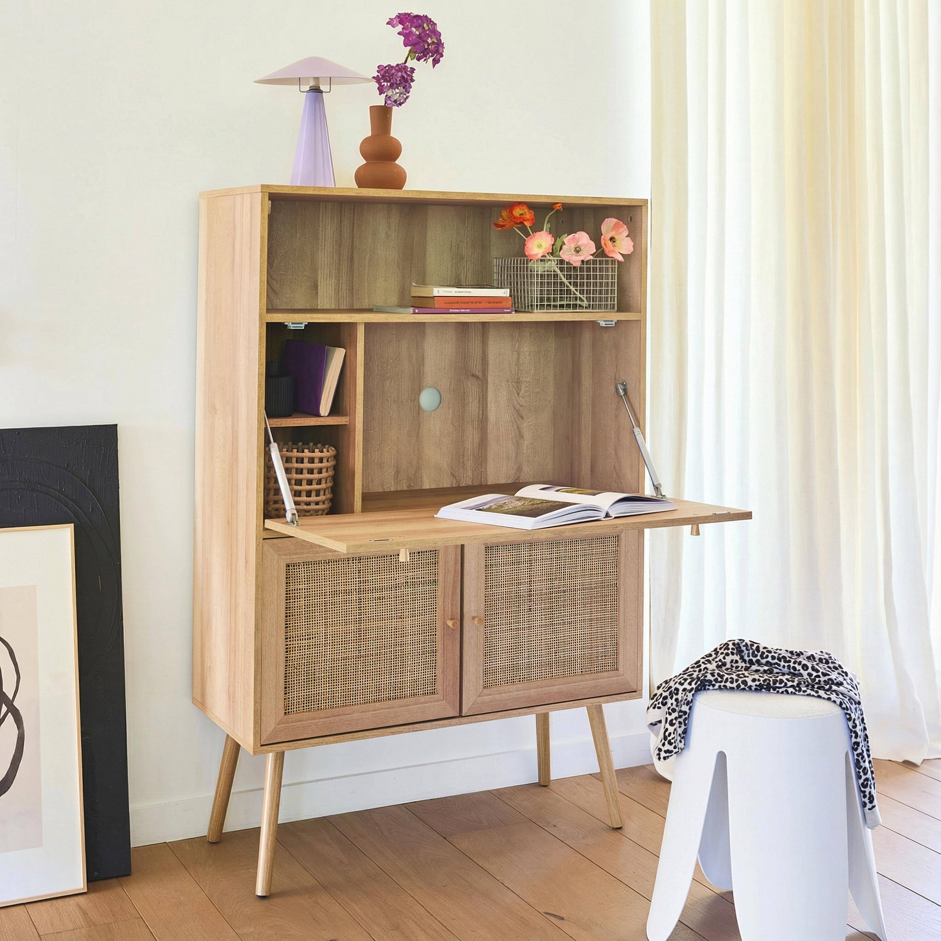 Dressoir met schrijftafel, 2 deuren in rotan, planken, effect hout, voeten in dennenhout,sweeek,Photo1