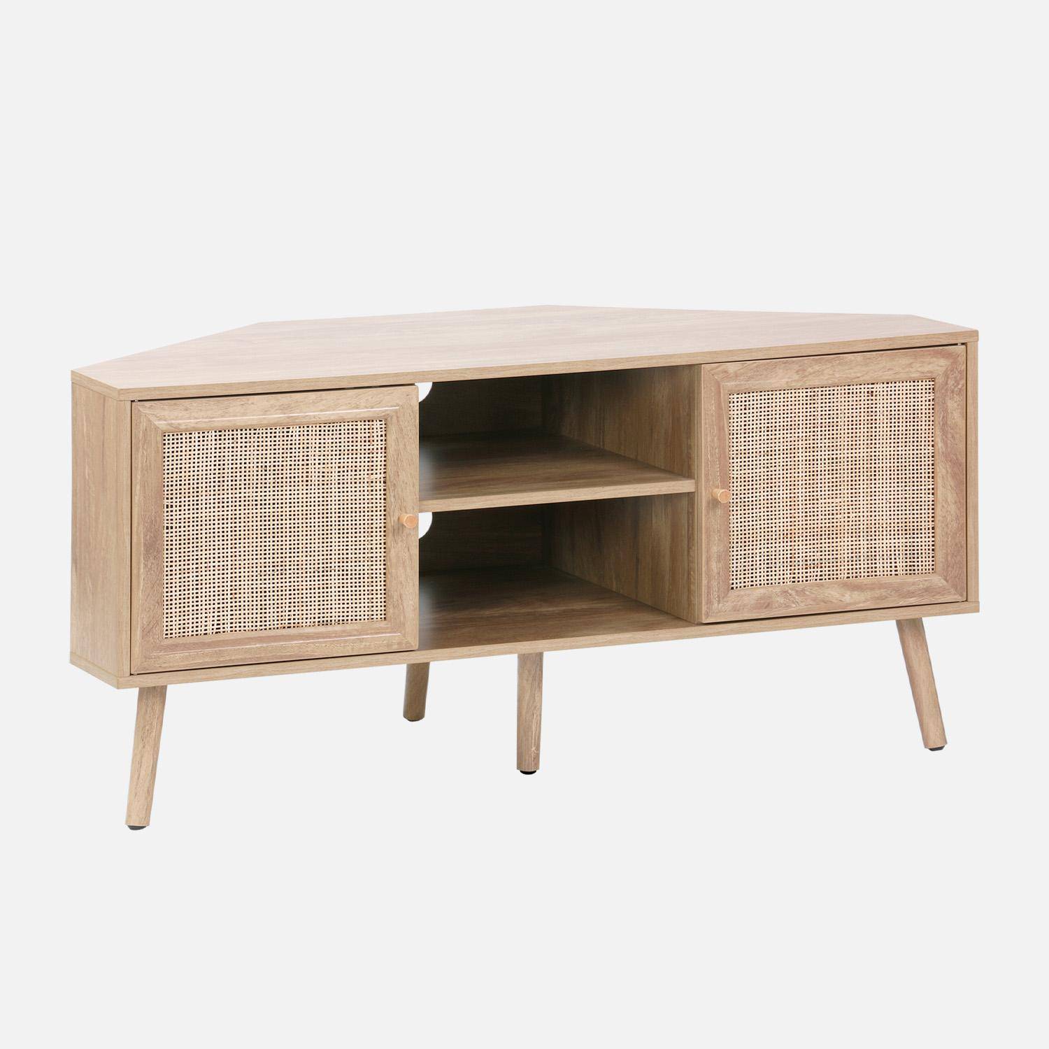 Wood and cane decor corner TV unit, 2 doors, 1 shelf, 115cm Photo4