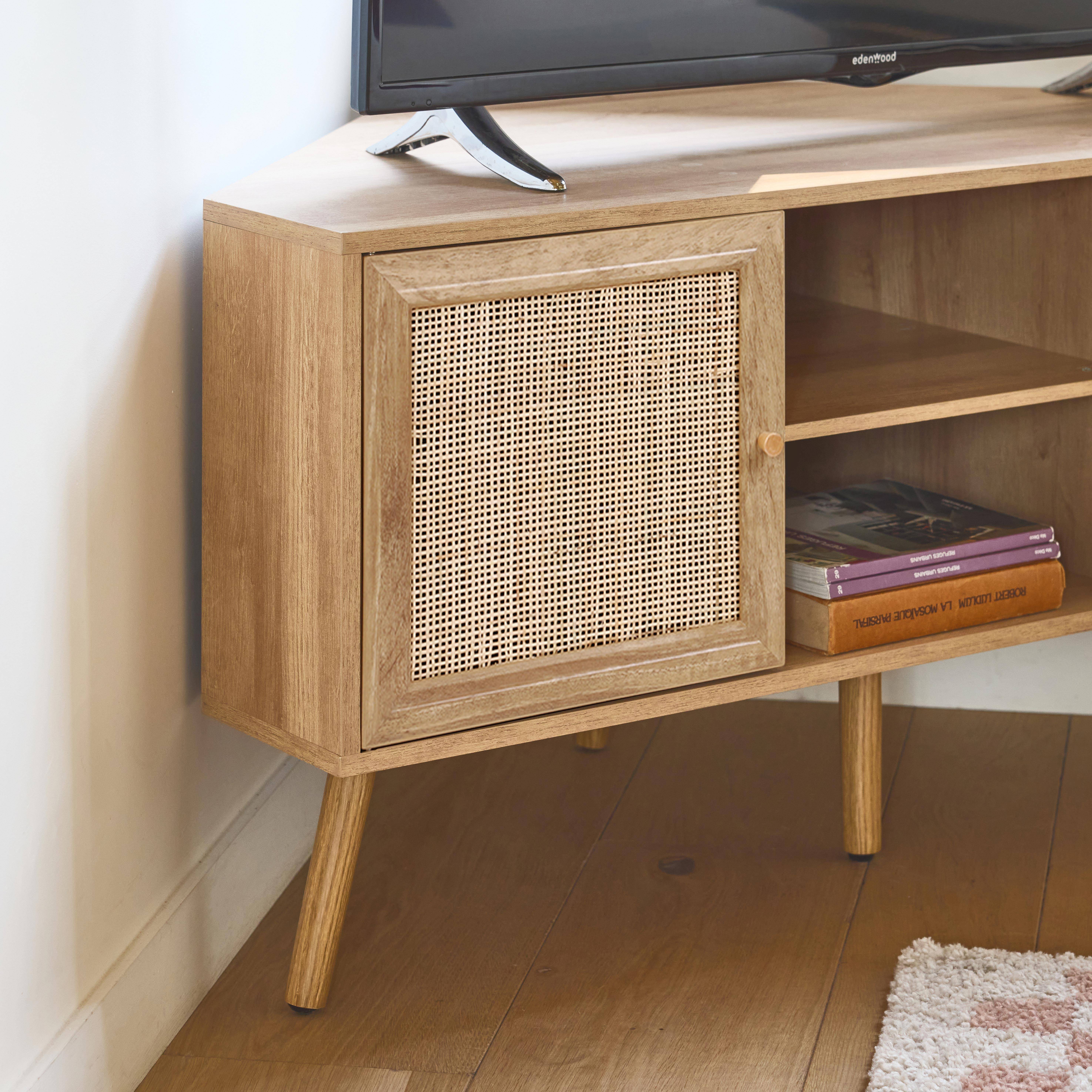 Wood and cane decor corner TV unit, 2 doors, 1 shelf, 115cm,sweeek,Photo2