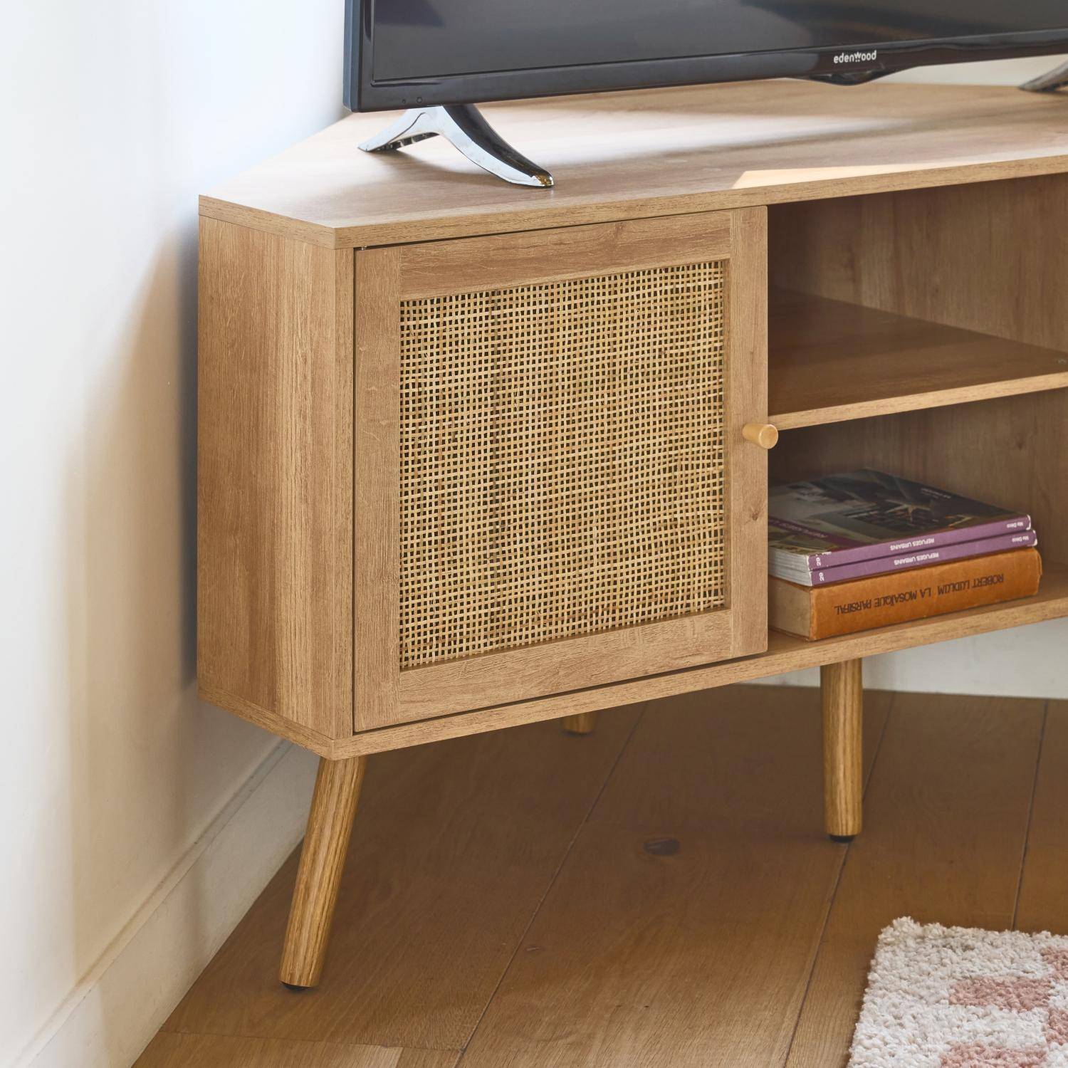 Wood and cane decor corner TV unit, 2 doors, 1 shelf, 115cm Photo3