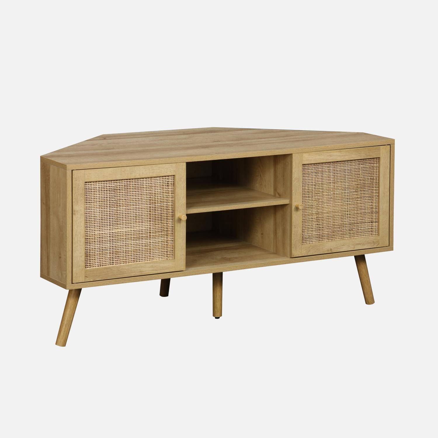 Wood and cane decor corner TV unit, 2 doors, 1 shelf, 115cm Photo4