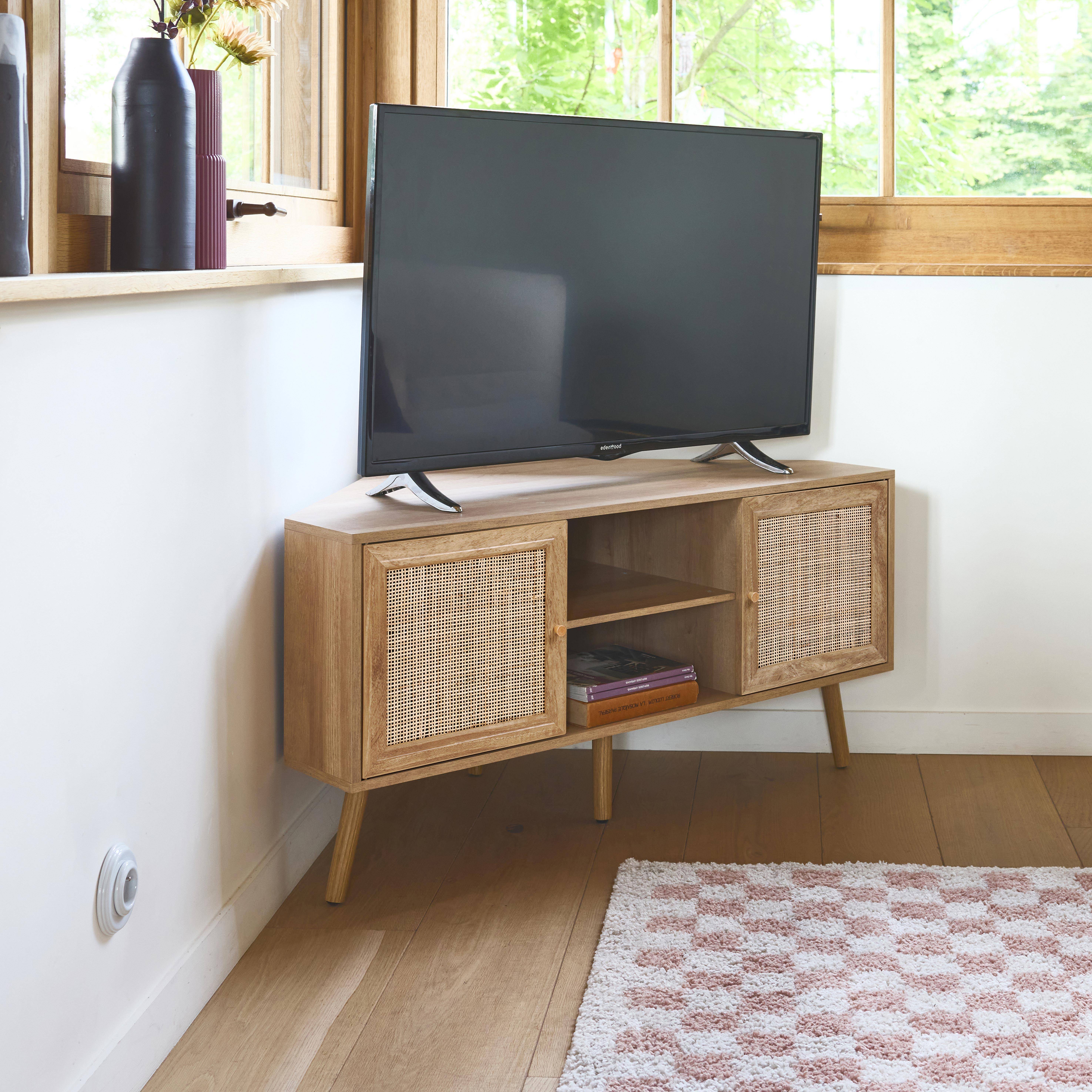 Wood and cane decor corner TV unit, 2 doors, 1 shelf, 115cm,sweeek,Photo3