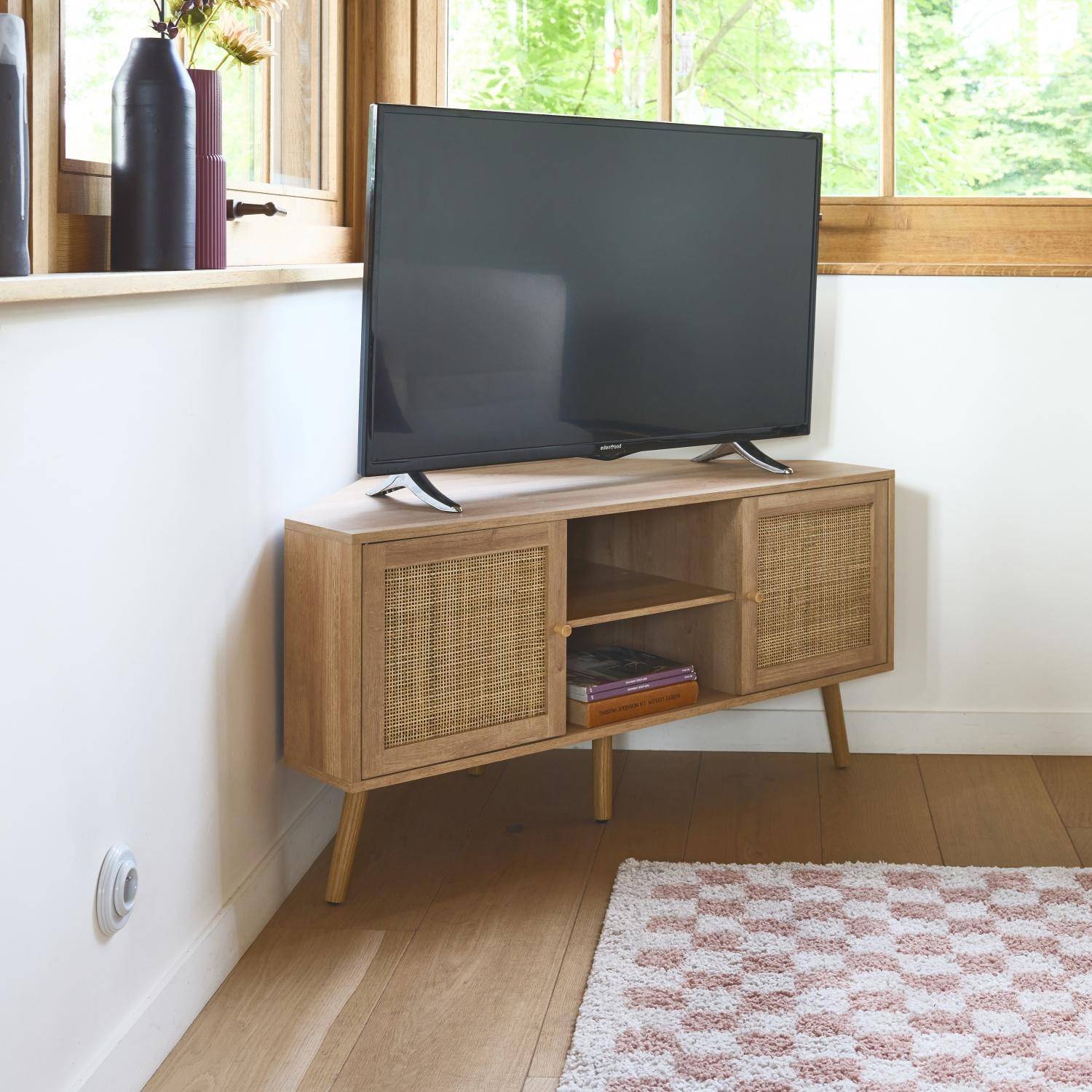 Wood and cane decor corner TV unit, 2 doors, 1 shelf, 115cm Photo2