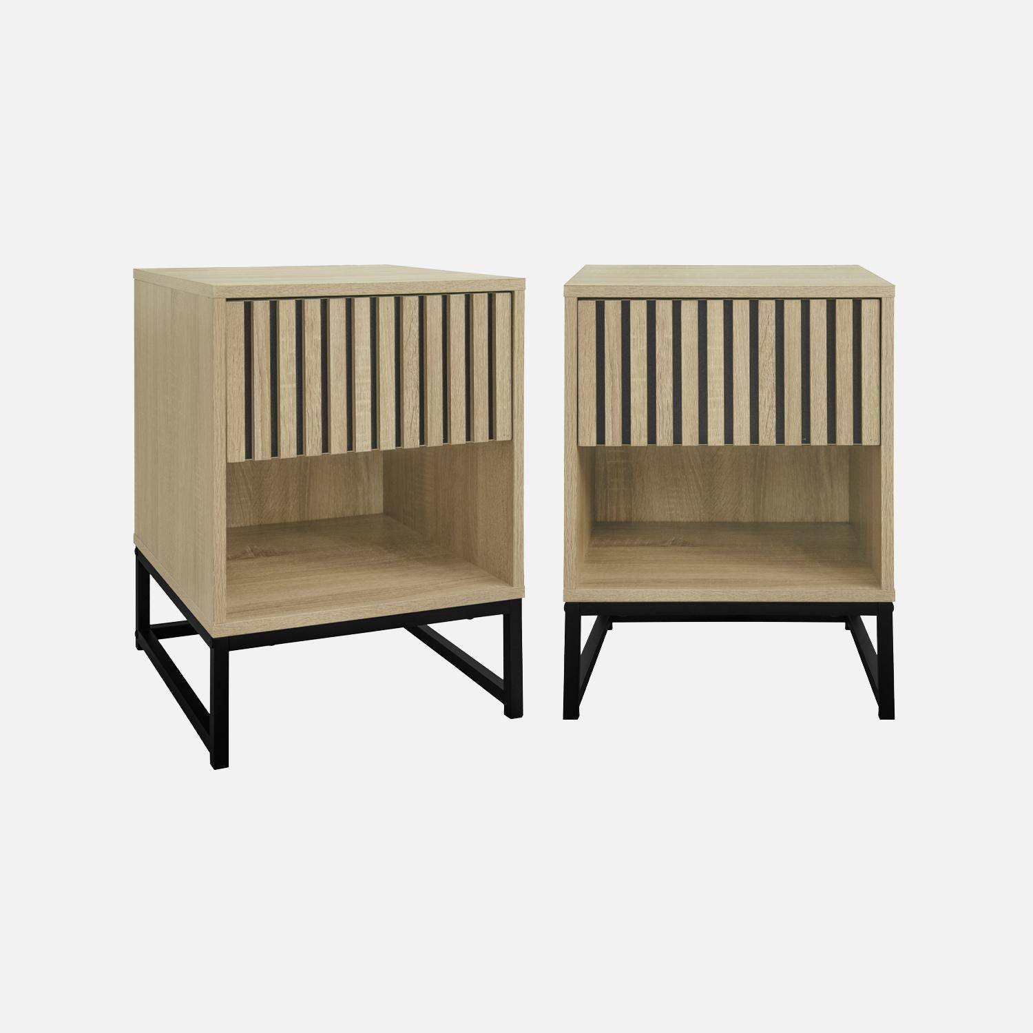 Set of 2 contemporary-style bedside tables with 1 grooved wood-effect drawer (press-to-open system) and 1 niche, black metal base,sweeek,Photo3