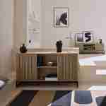 Contemporary style sideboard with 2 grooved wood effect doors, push opening, black metal base L140 Photo1