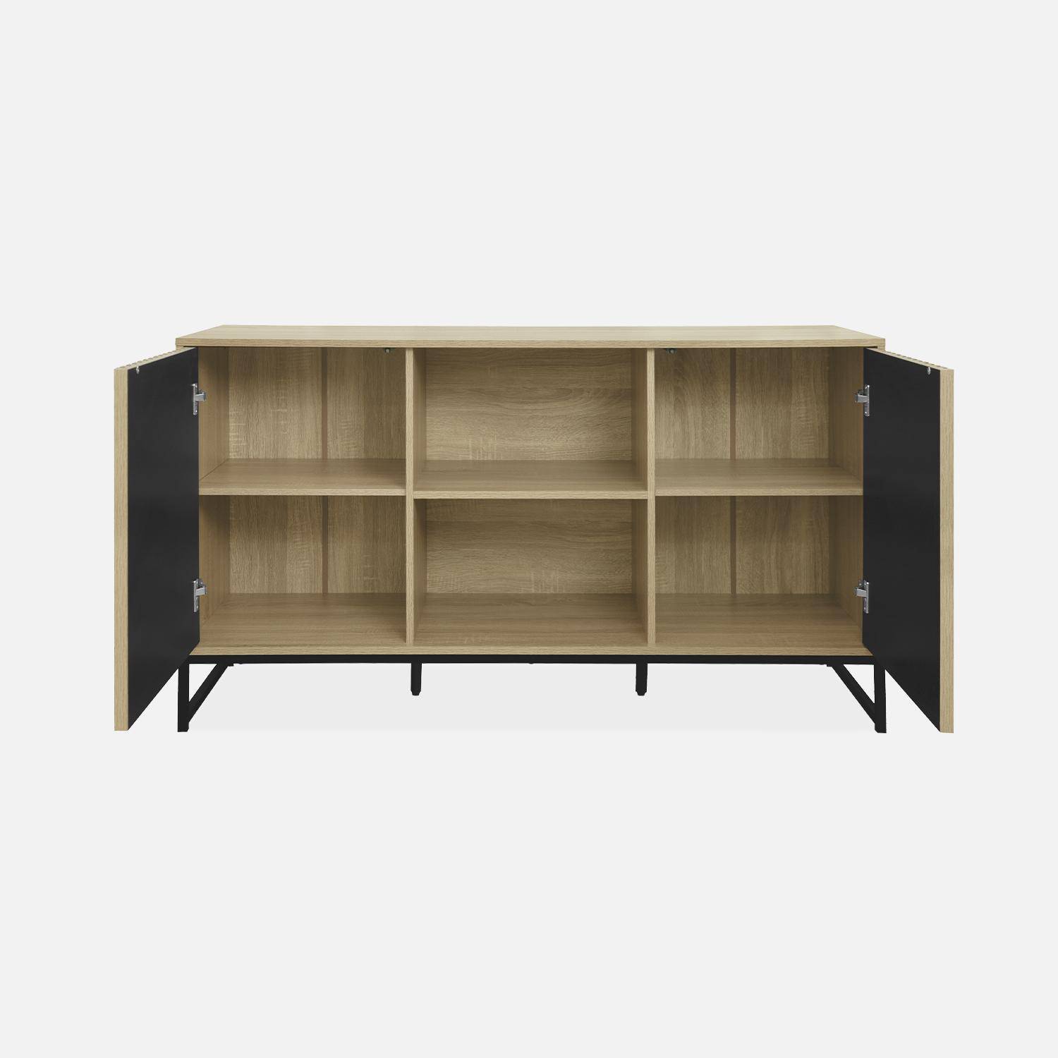Contemporary style sideboard with 2 grooved wood effect doors, push opening, black metal base L140 Photo6