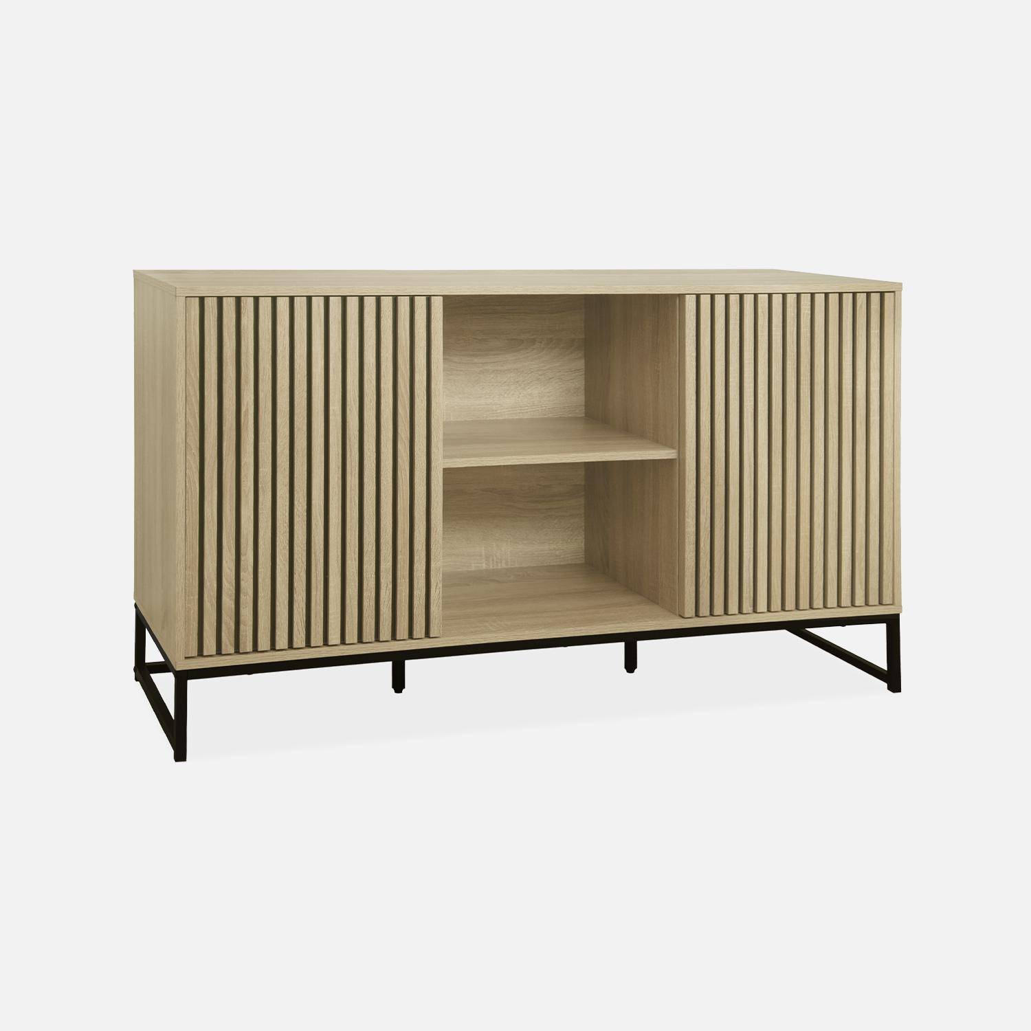 Contemporary style sideboard with 2 grooved wood effect doors, push opening, black metal base L140,sweeek,Photo4